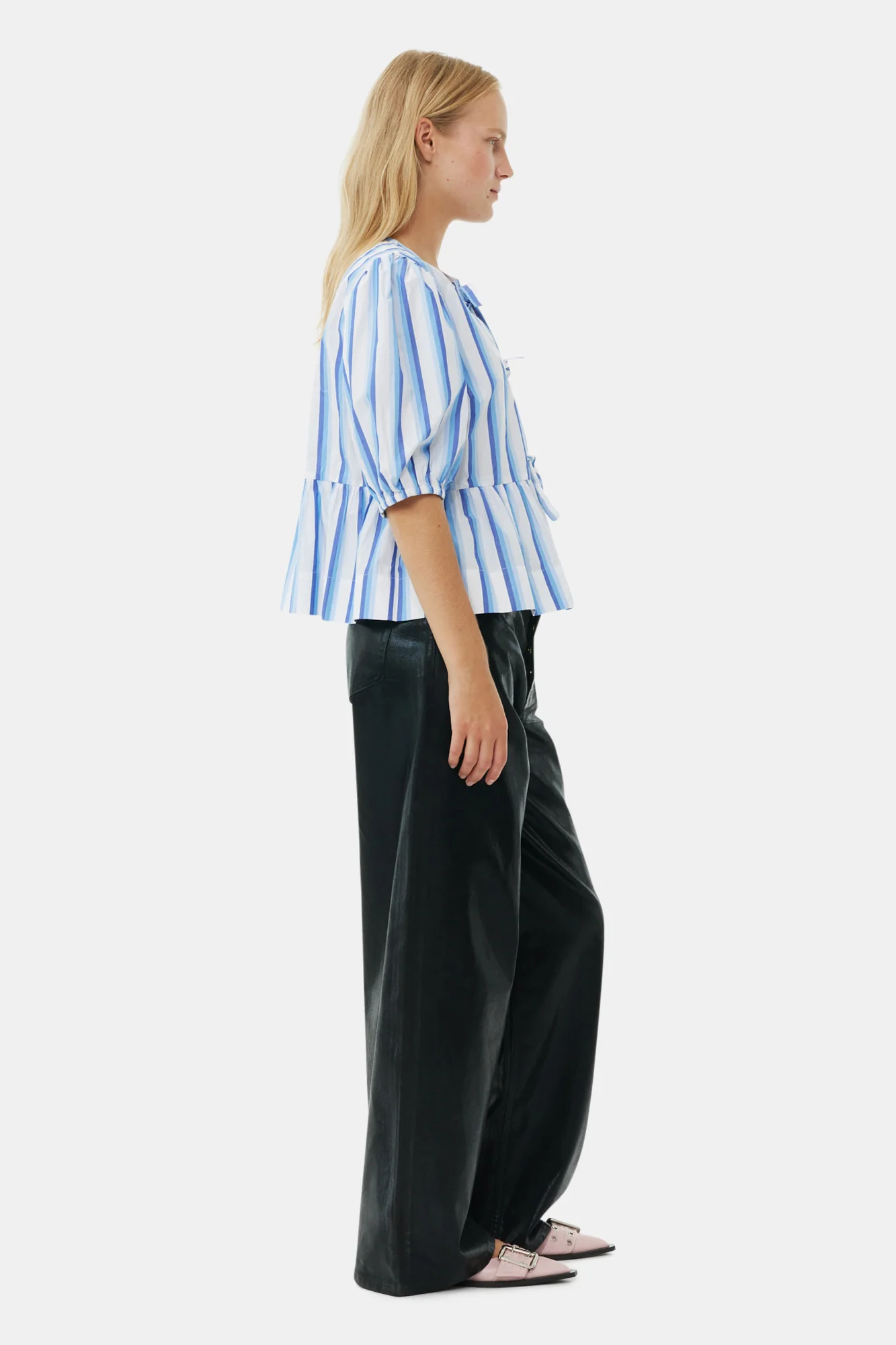 Striped Cotton Poplin Peplum Tie Blouse | Silver Lake Blue - Image 5