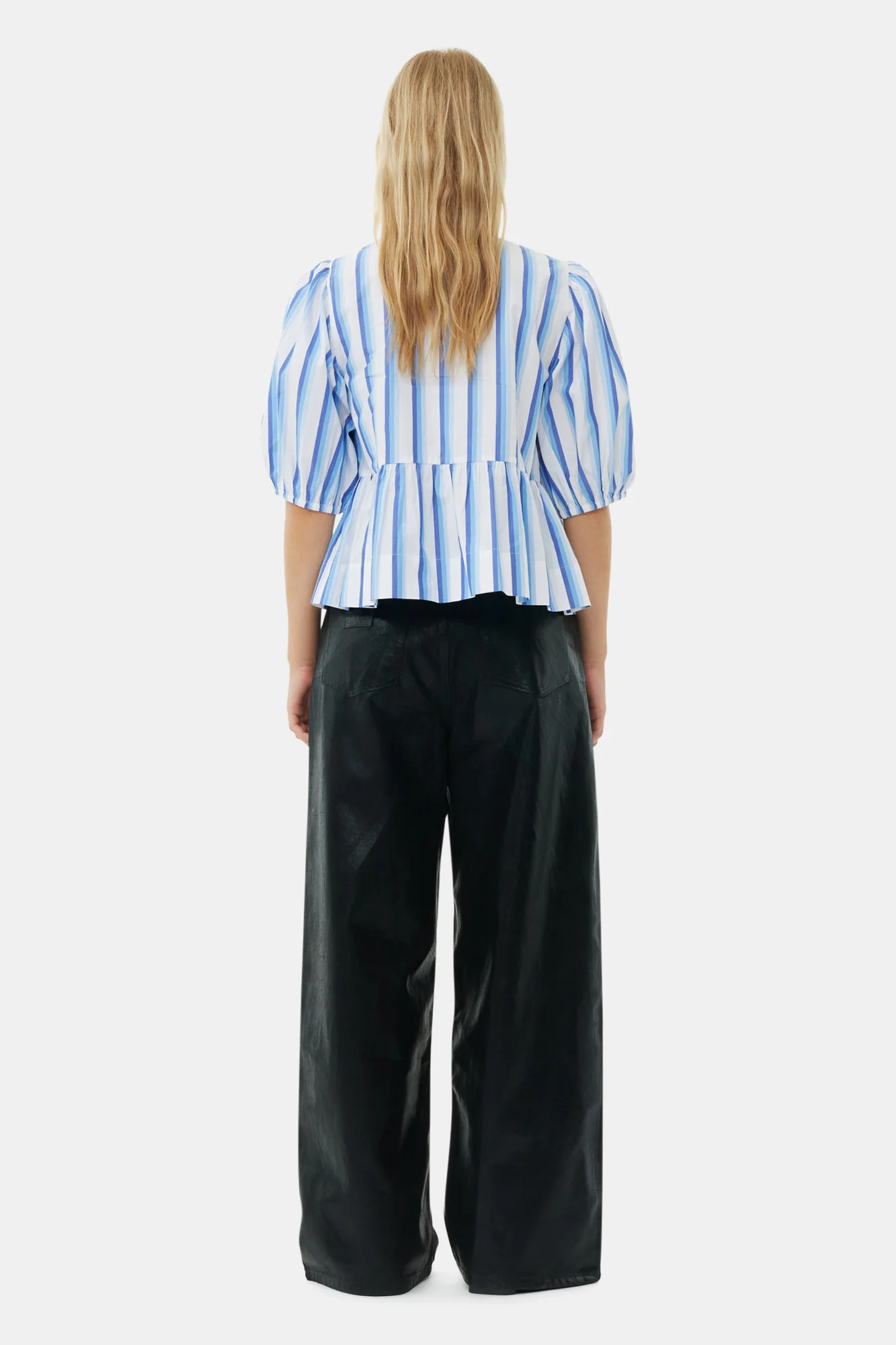 Striped Cotton Poplin Peplum Tie Blouse | Silver Lake Blue - Image 6