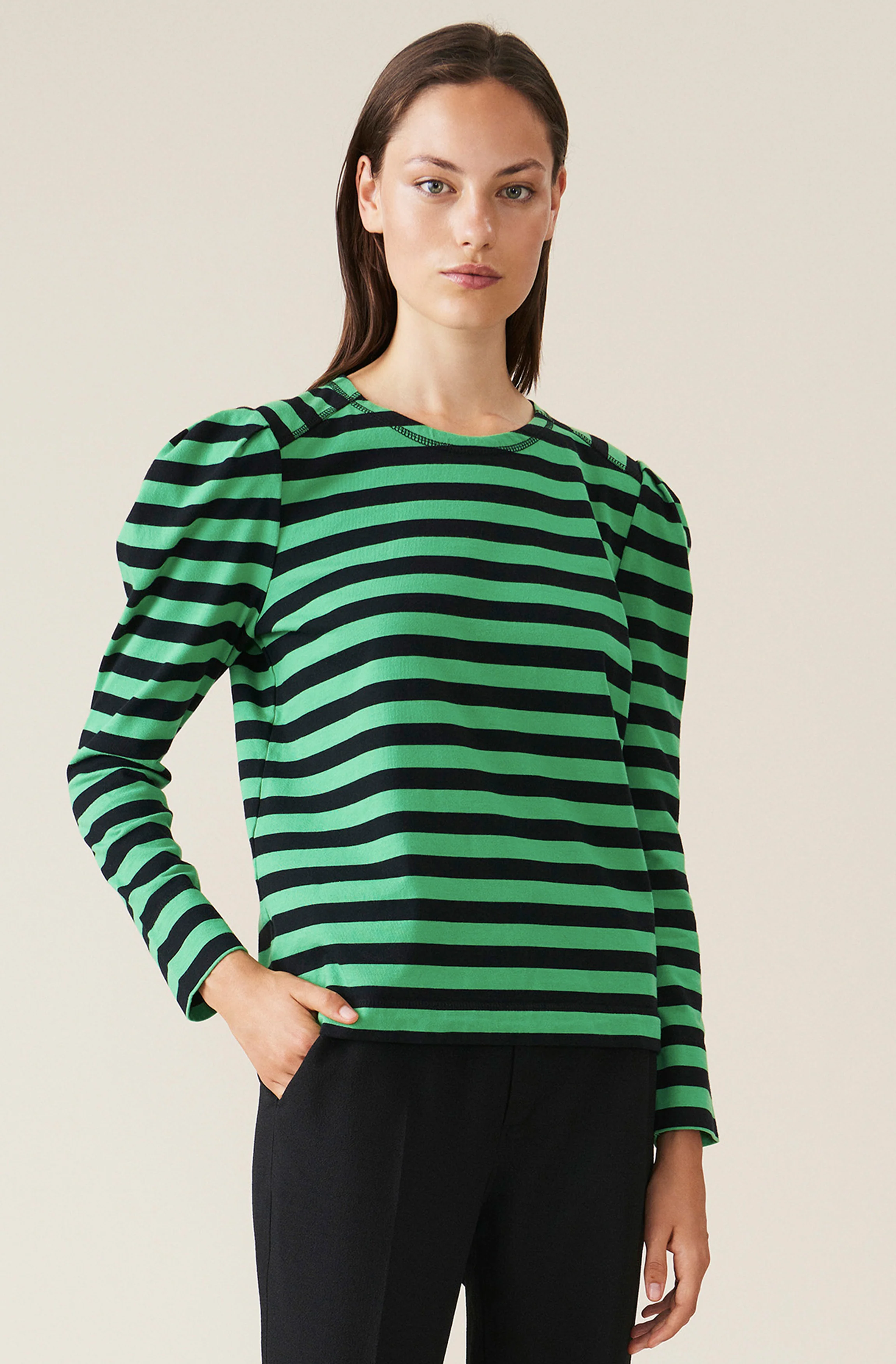 Striped Cotton Puff Sleeve Top | Kelly Green - Image 2
