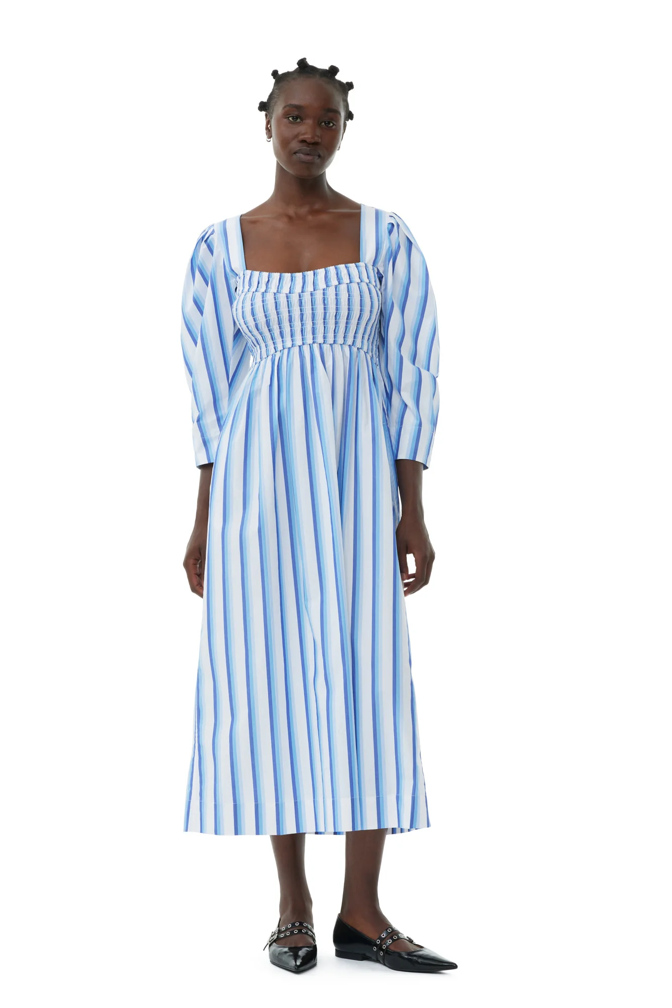 Striped Cotton Smock Long Dress | Silver Lake Blue - Image 3