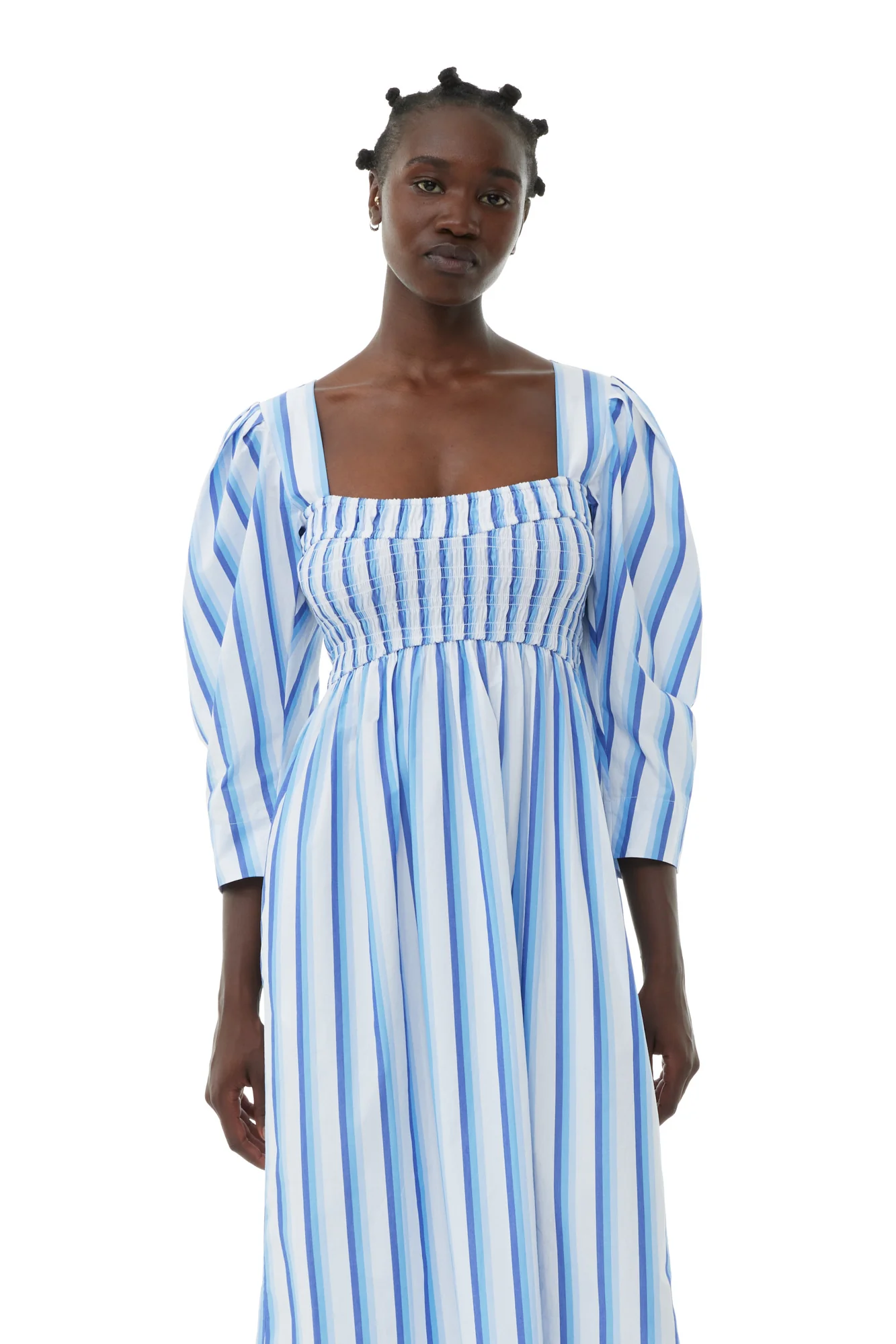 Striped Cotton Smock Long Dress | Silver Lake Blue - Image 4