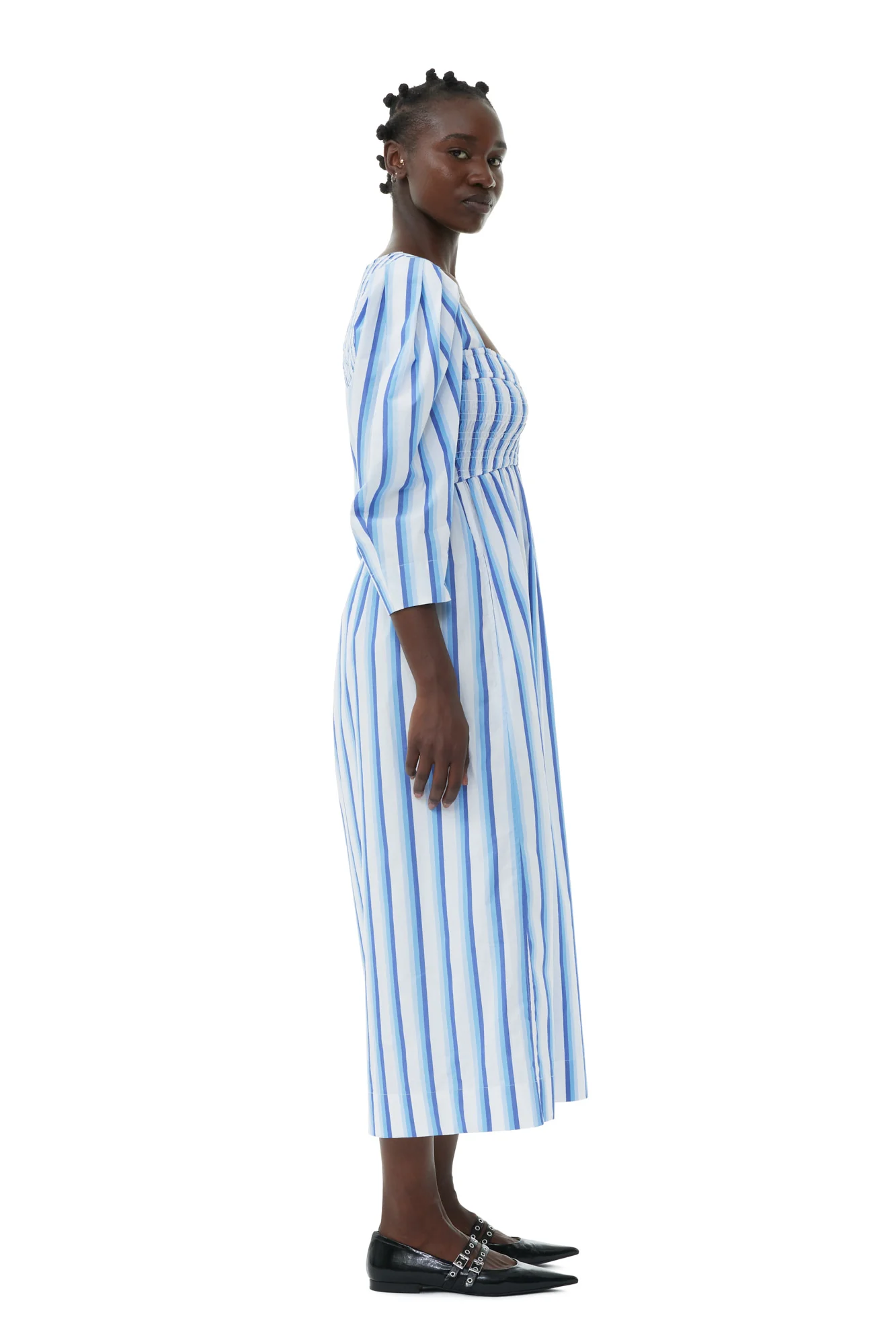 Striped Cotton Smock Long Dress | Silver Lake Blue - Image 5