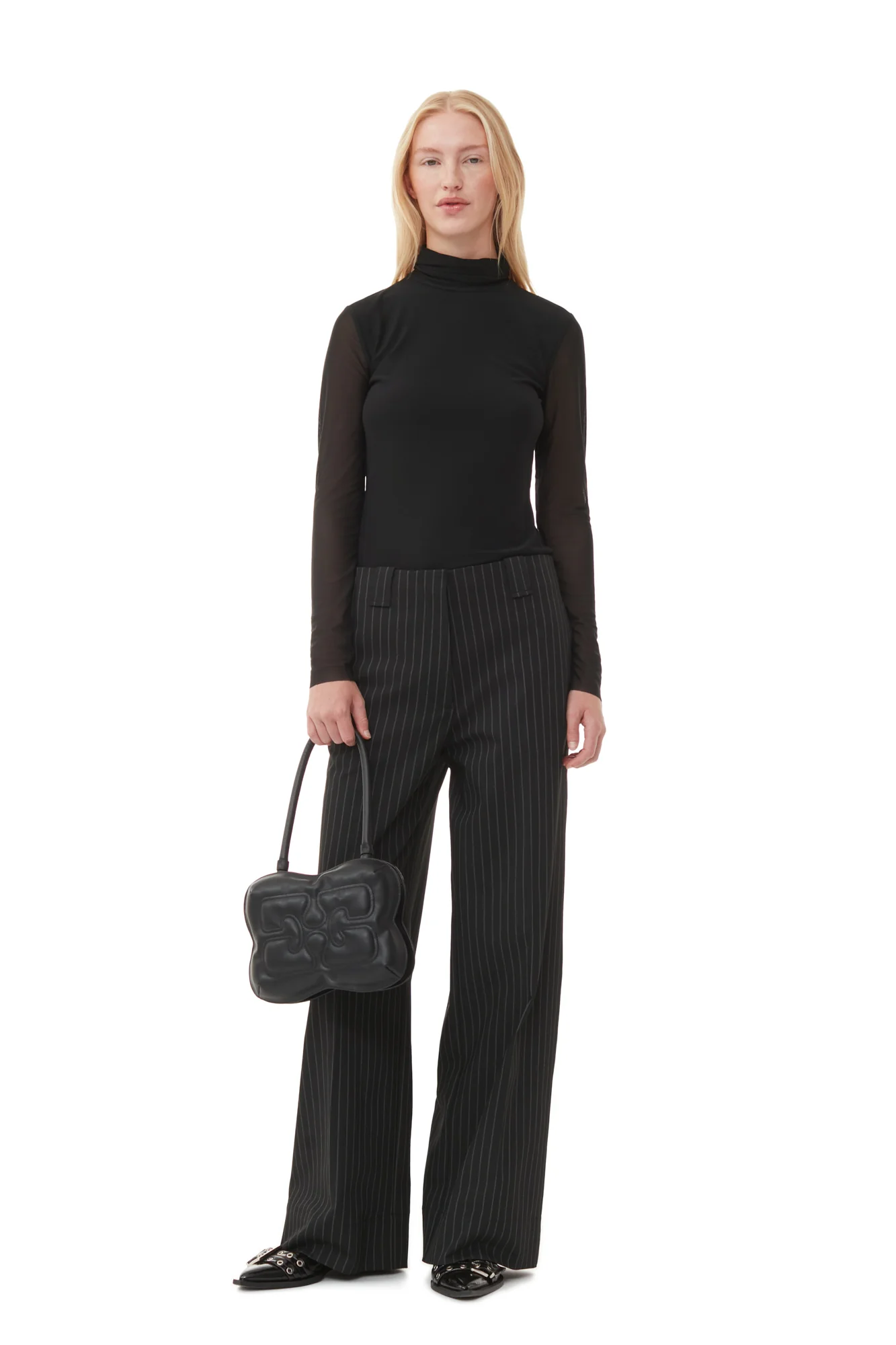 Striped High-Waisted Wide Trousers | Black - Image 3