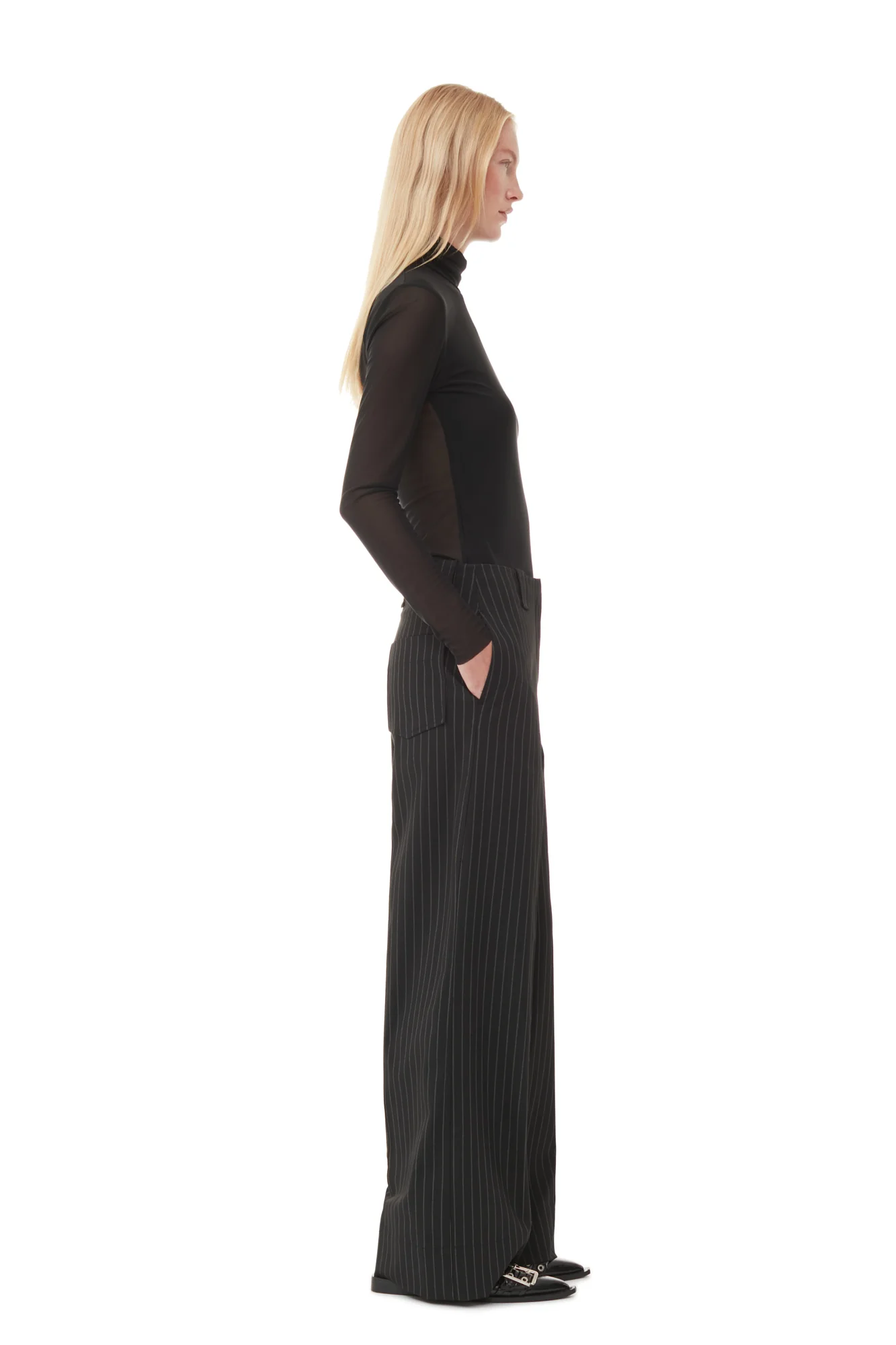Striped High-Waisted Wide Trousers | Black - Image 4