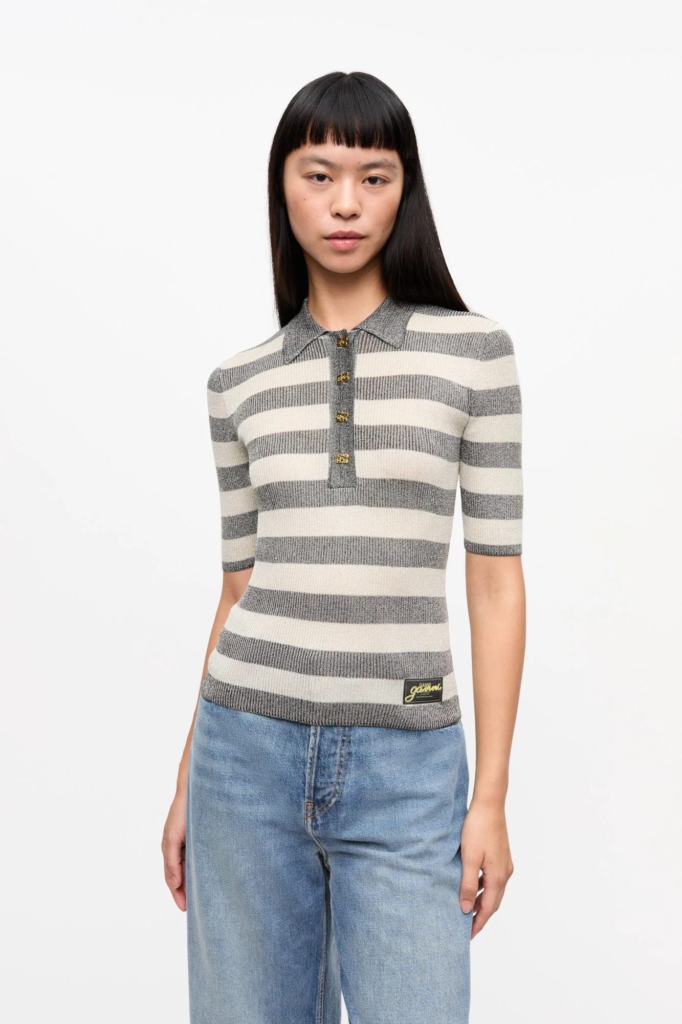 Striped Sparkle Rib Polo T-Shirt | Egret - Image 3