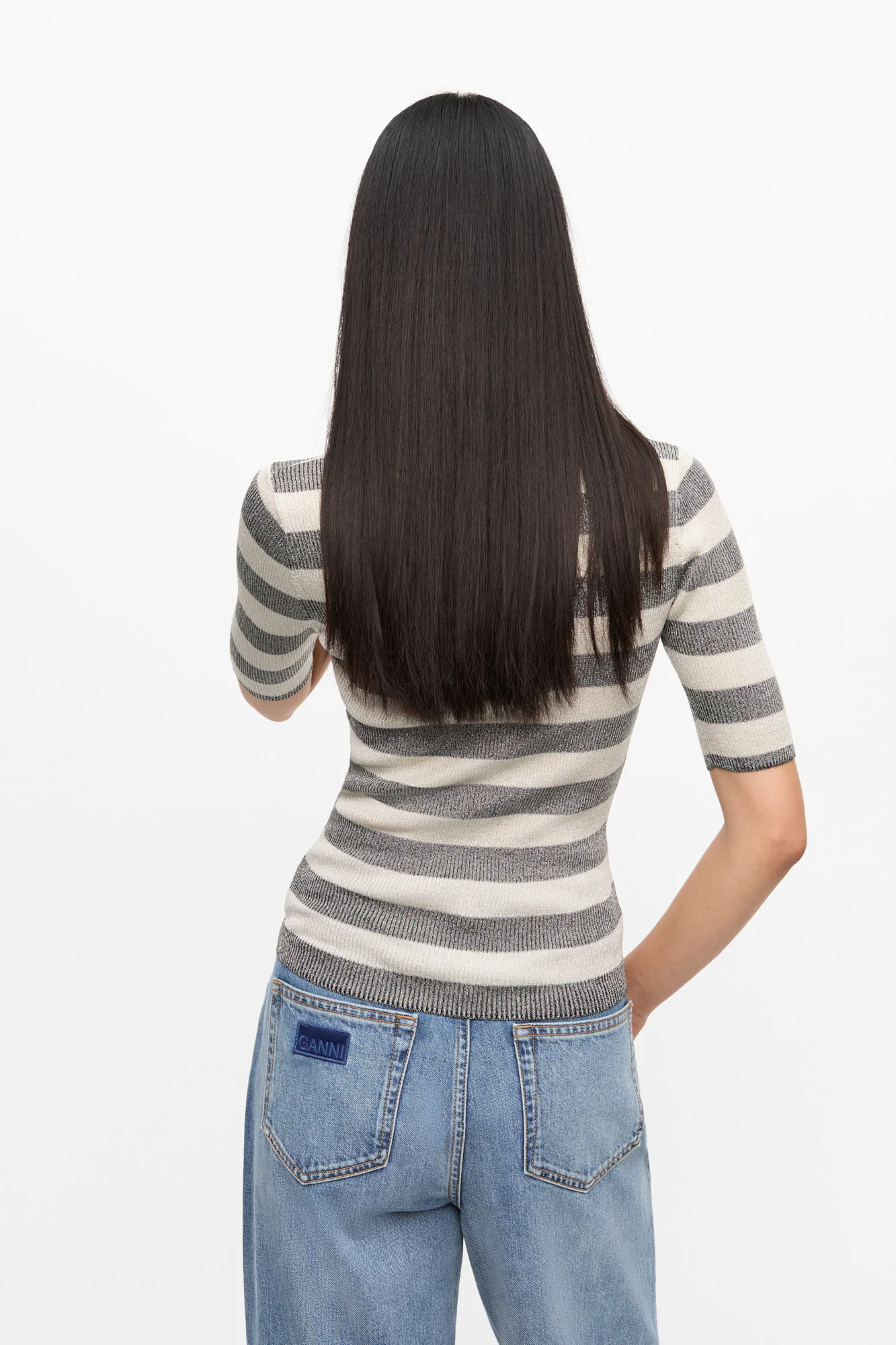 Striped Sparkle Rib Polo T-Shirt | Egret - Image 4