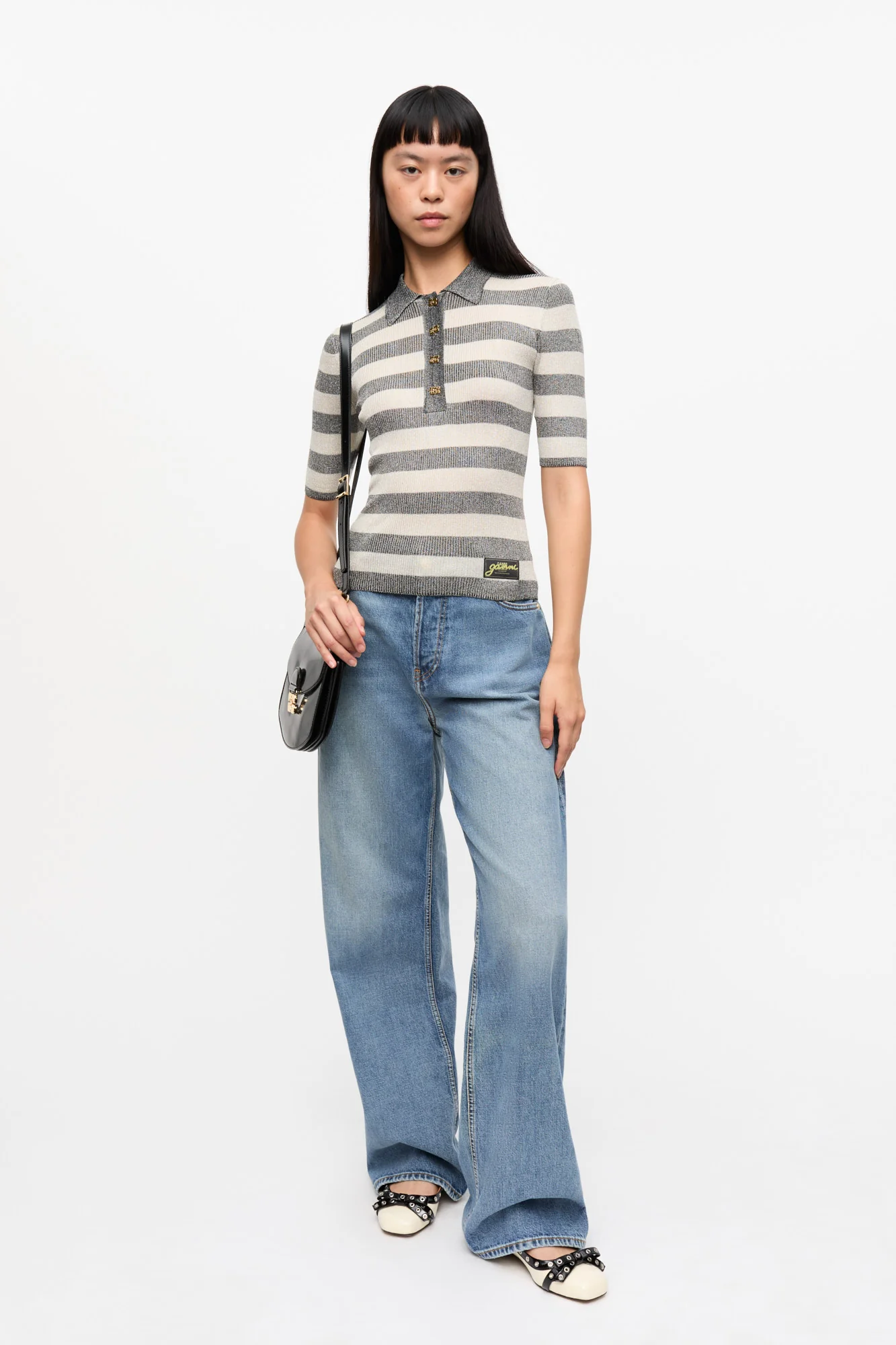Striped Sparkle Rib Polo T-Shirt | Egret - Image 5