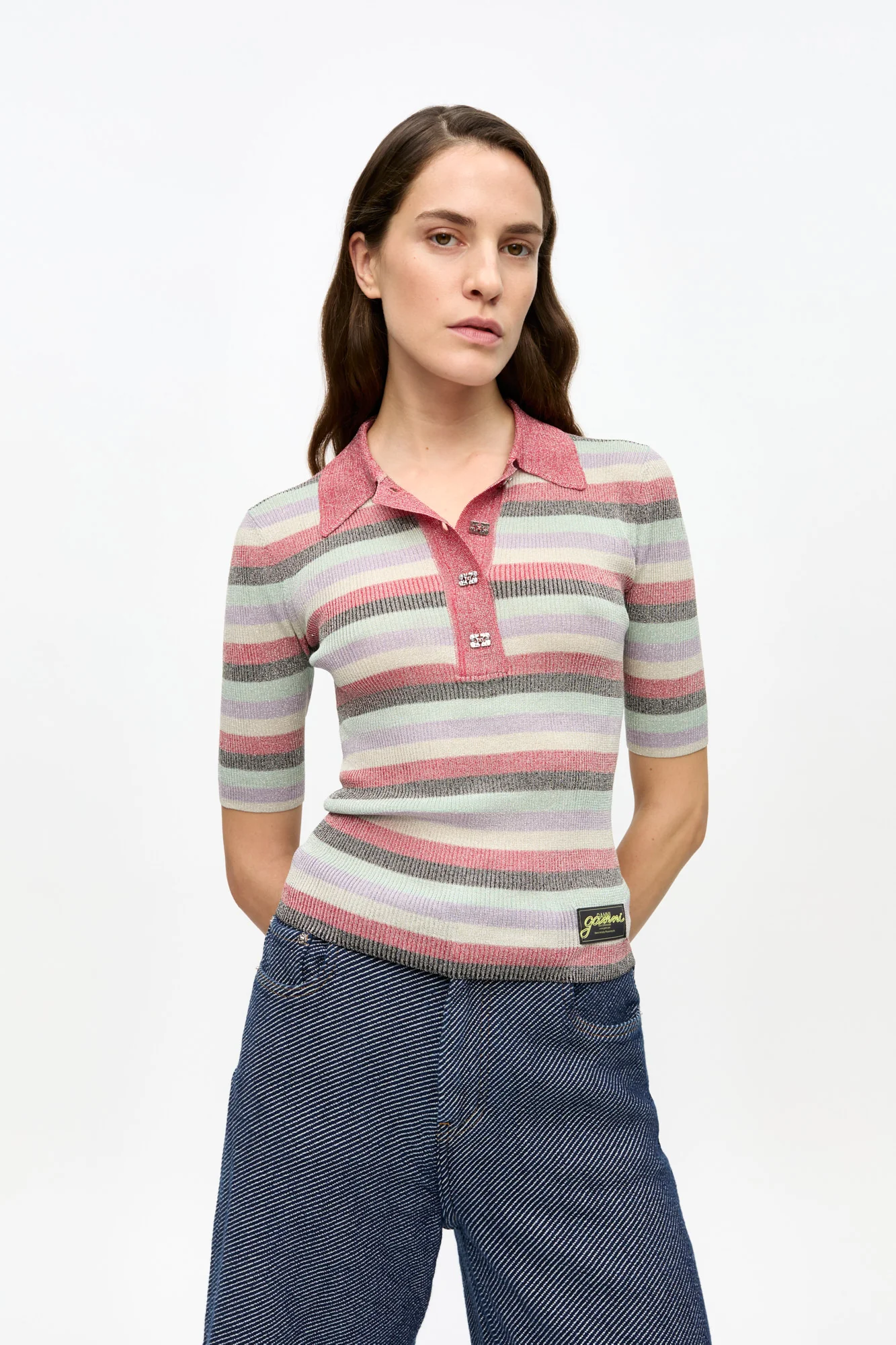 Striped Sparkle Rib Polo T-Shirt | Multicolor - Image 3