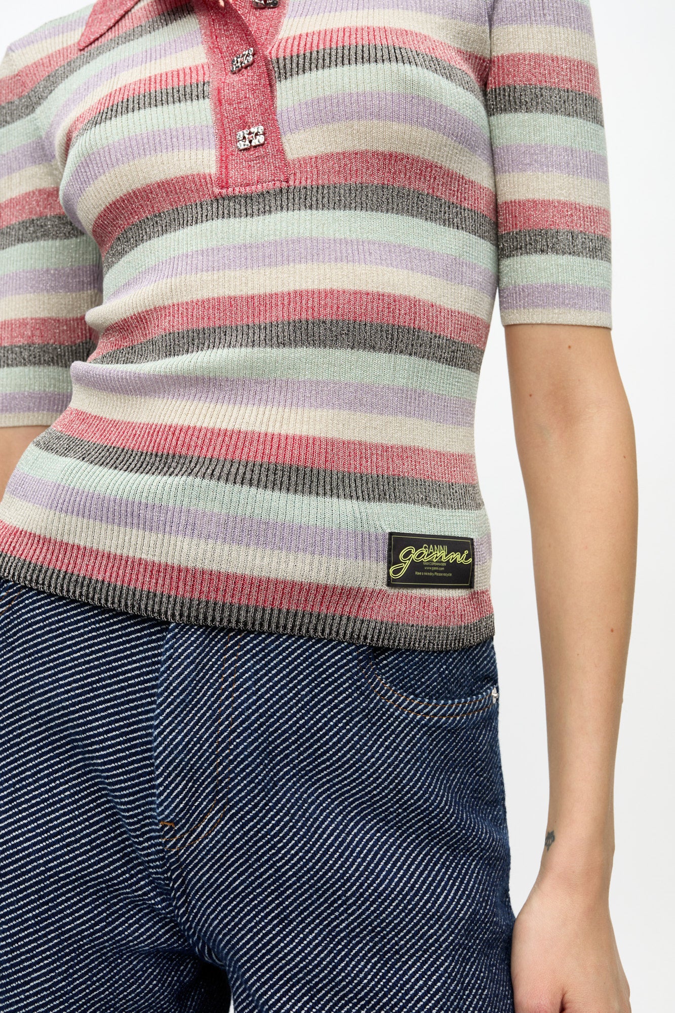 Striped Sparkle Rib Polo T-Shirt | Multicolor - Image 7