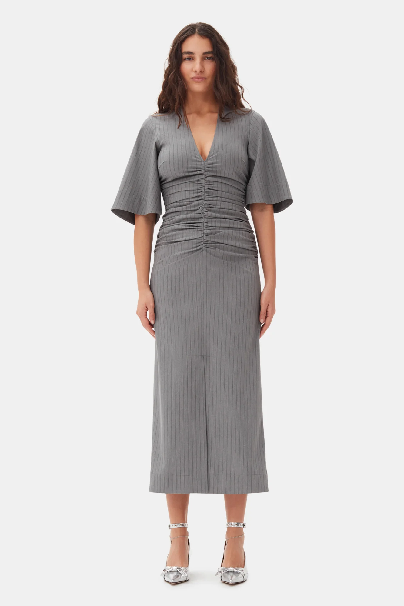 Striped Suiting V-Neck Fitted Dress | Mirage Gray - Image 3