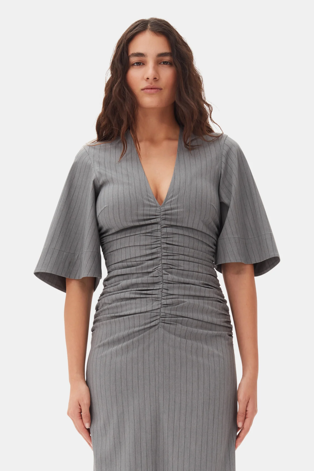 Striped Suiting V-Neck Fitted Dress | Mirage Gray - Image 4
