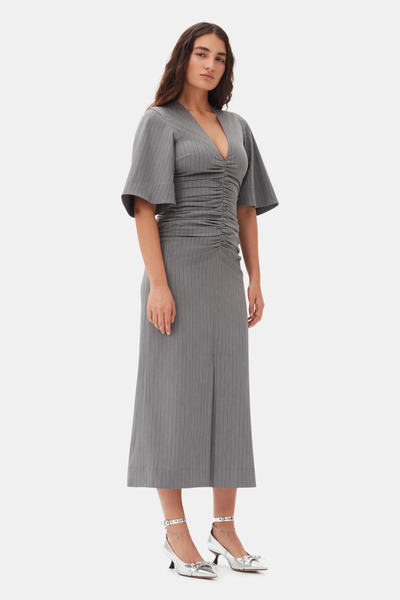 Striped Suiting V-Neck Fitted Dress | Mirage Gray - Image 5
