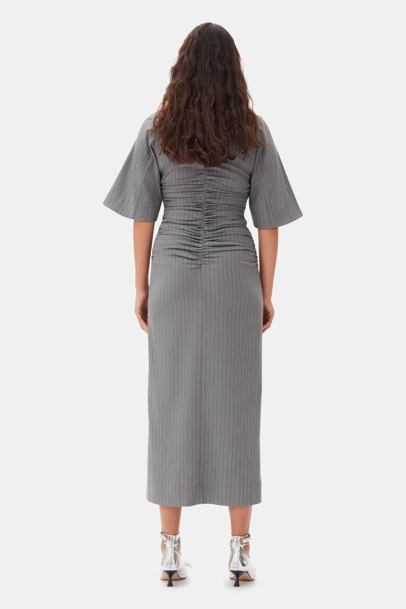 Striped Suiting V-Neck Fitted Dress | Mirage Gray - Image 6