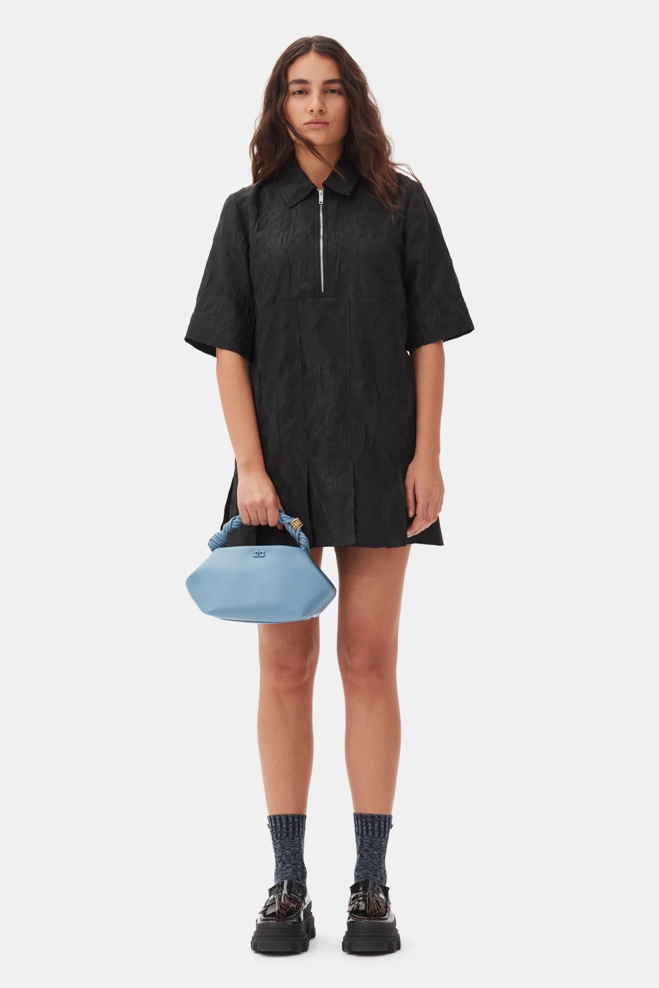 Textured Cloque Pleated Mini Dress | Black - Image 3