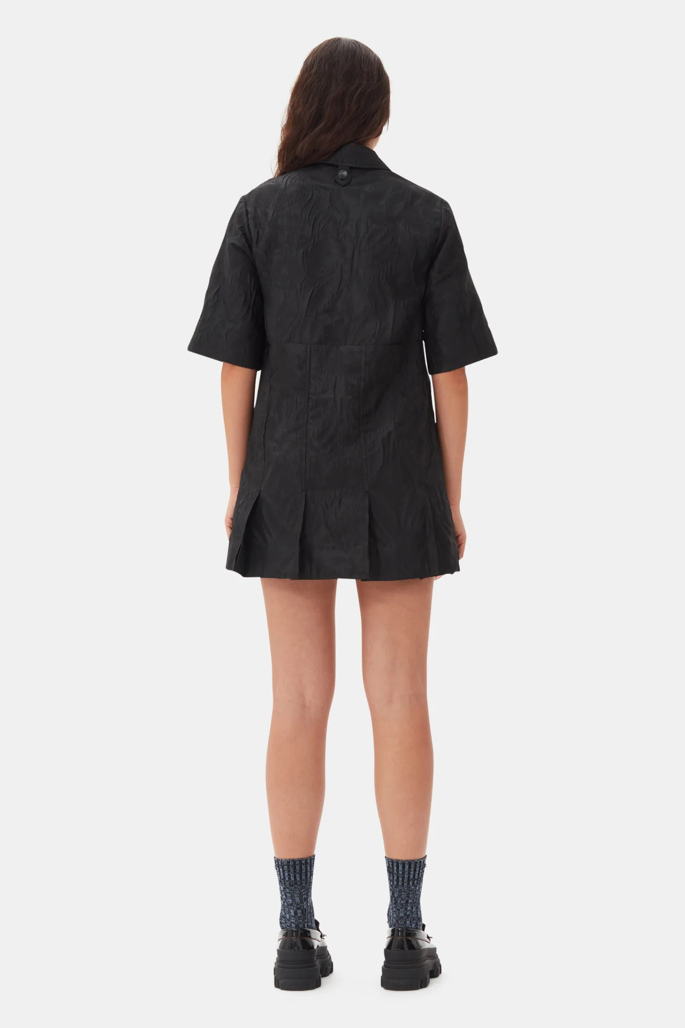 Textured Cloque Pleated Mini Dress | Black - Image 6