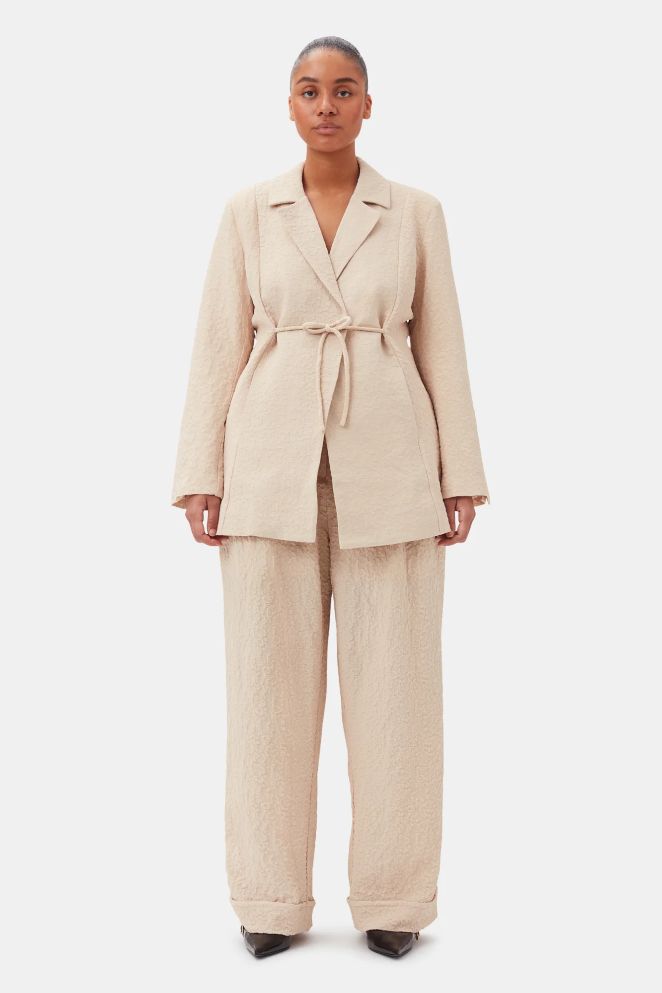 Textured Suiting Tie String Blazer | Oyster Gray - Image 8
