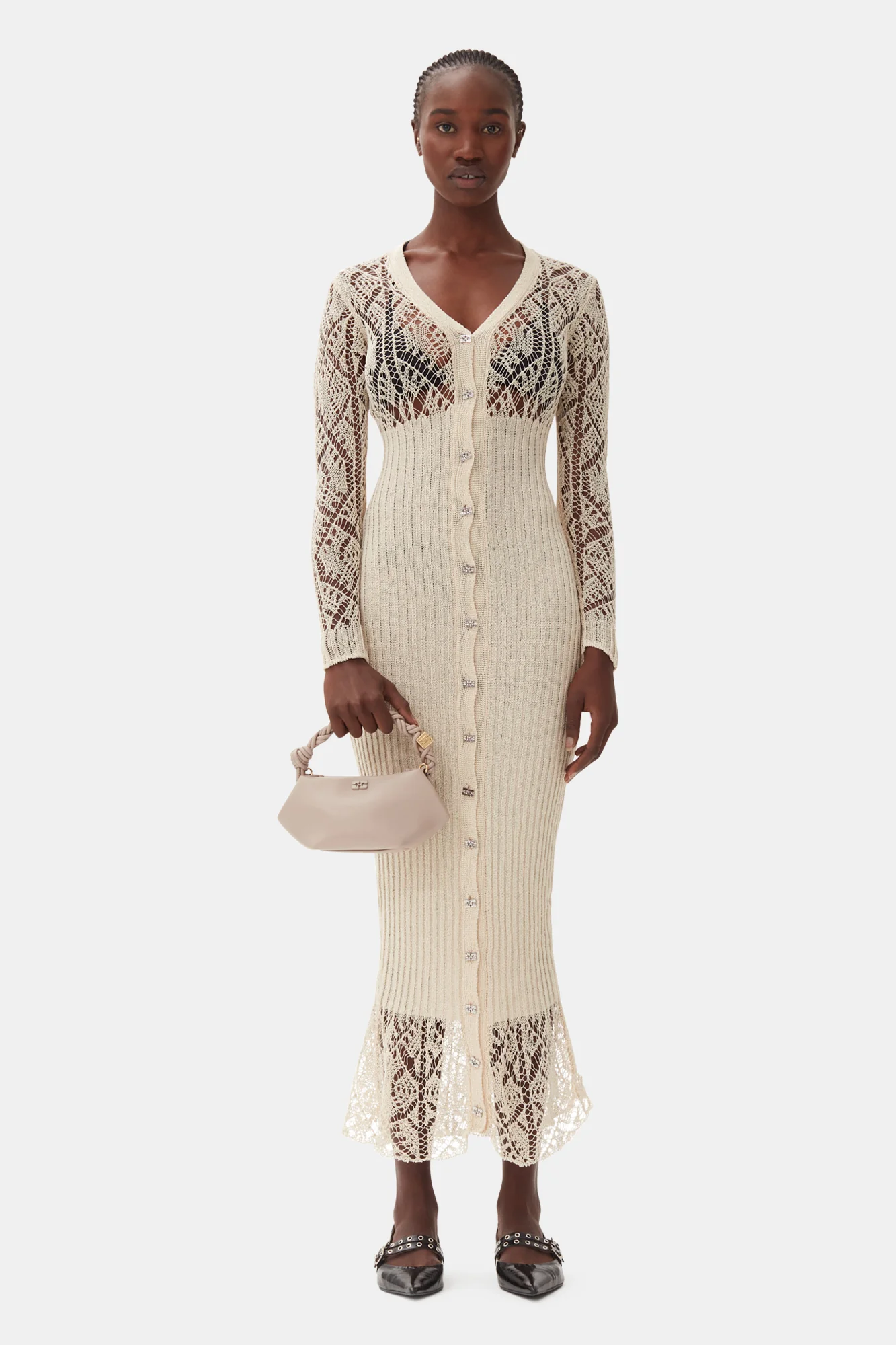 Thin Cotton Lace Button Down Maxi Dress | Egret - Image 3