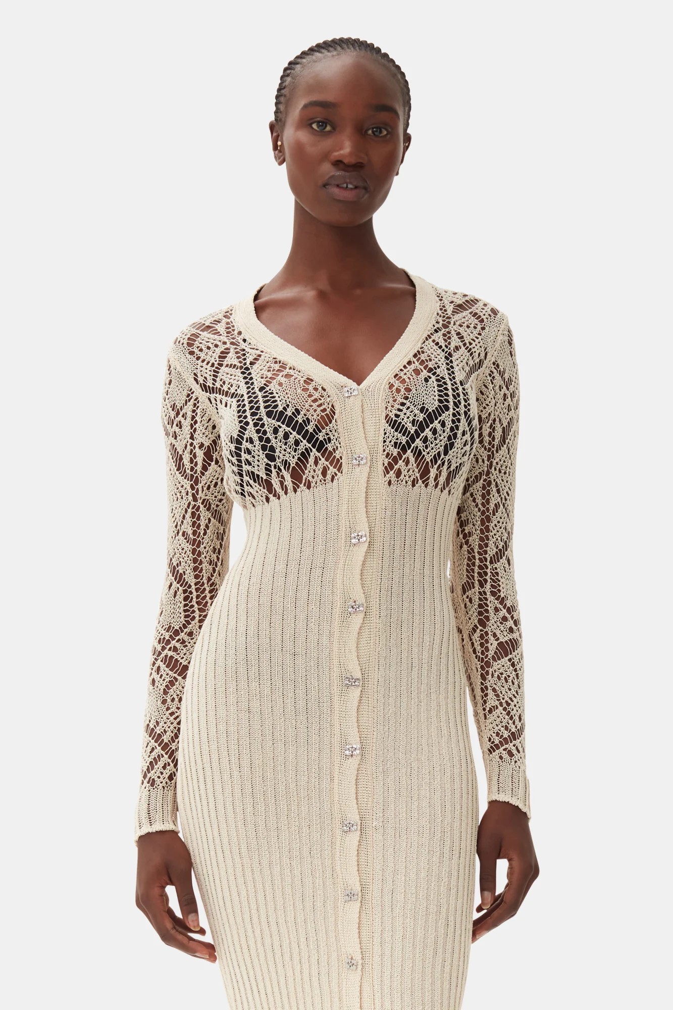 Thin Cotton Lace Button Down Maxi Dress | Egret - Image 4