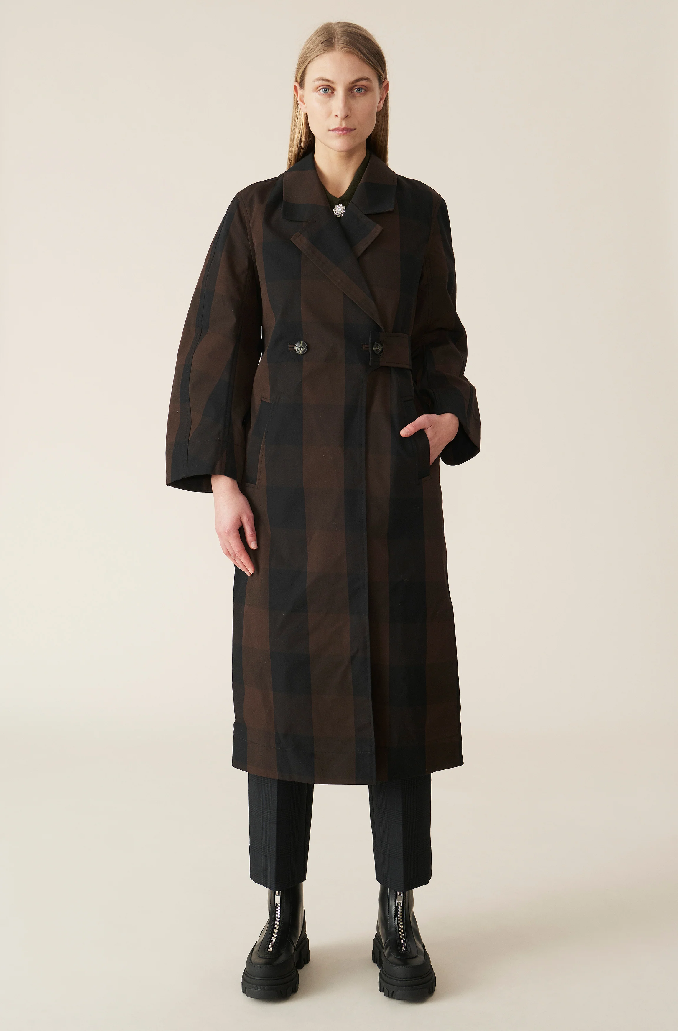 Two-Tone Check Cotton Trench Coat | Mole - Image 2