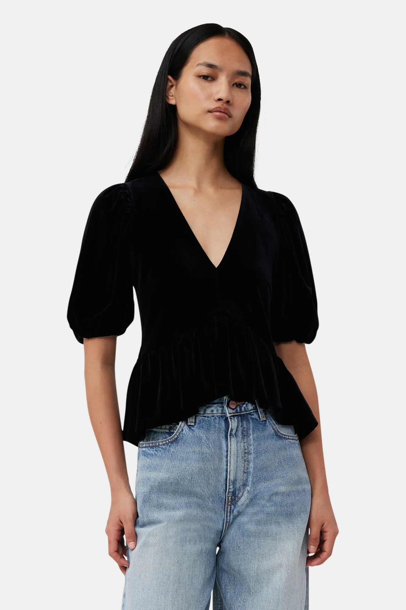Velvet Jersey V-Neck Blouse | Black - Image 3