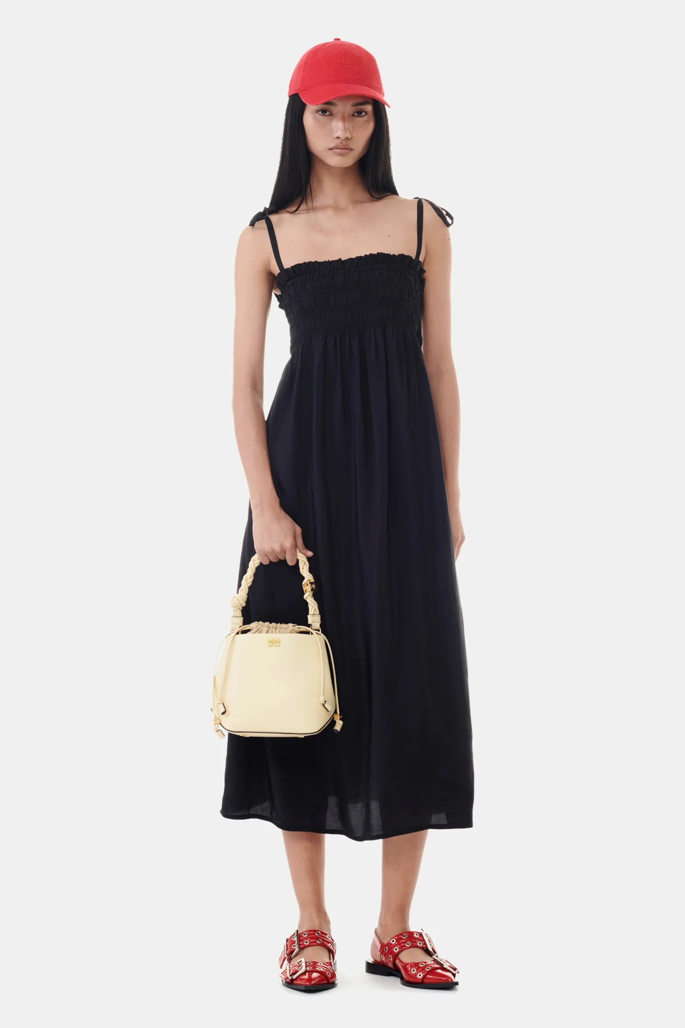 Viscose Habotai Midi Smock Strap Dress | Black - Image 3