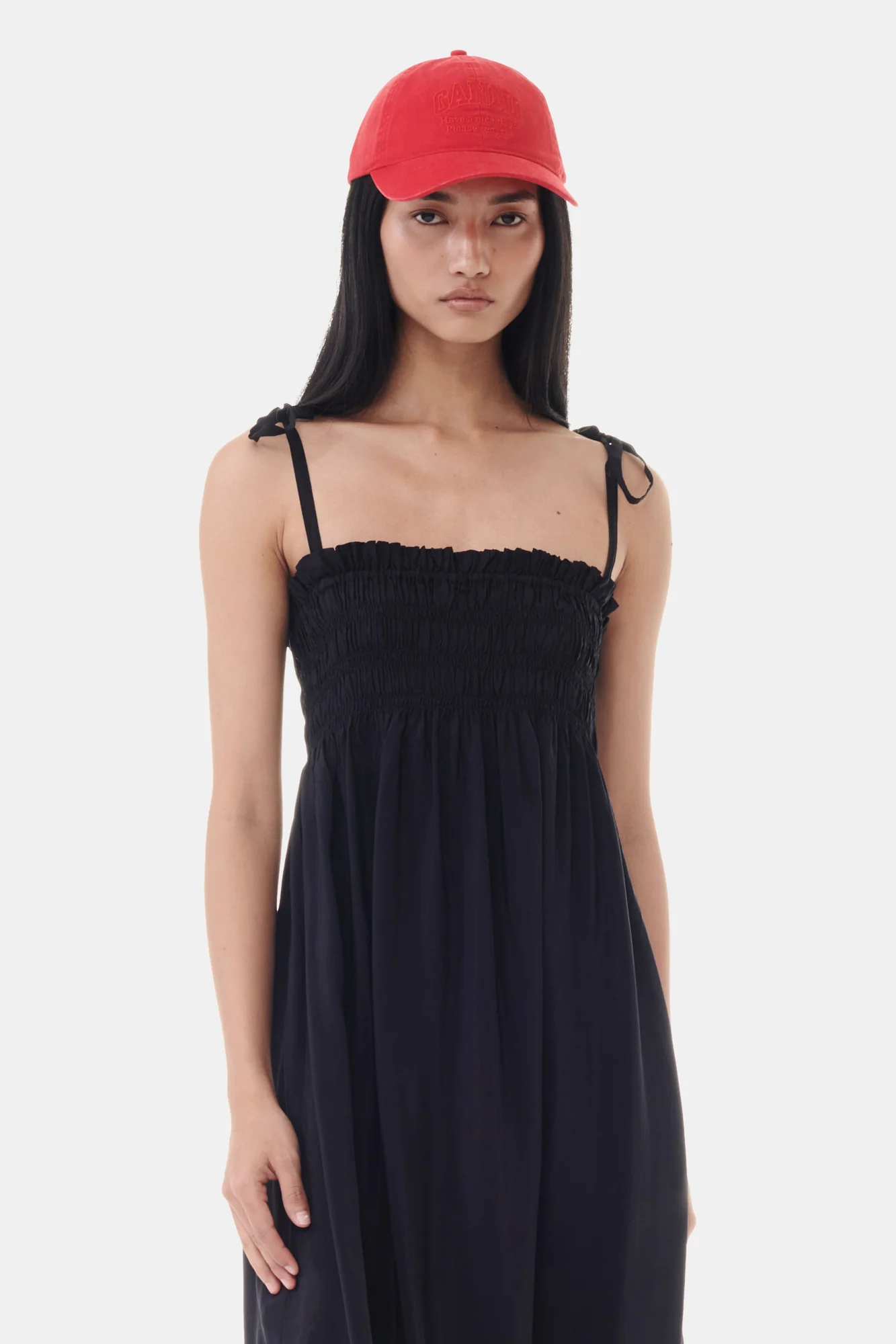 Viscose Habotai Midi Smock Strap Dress | Black - Image 4