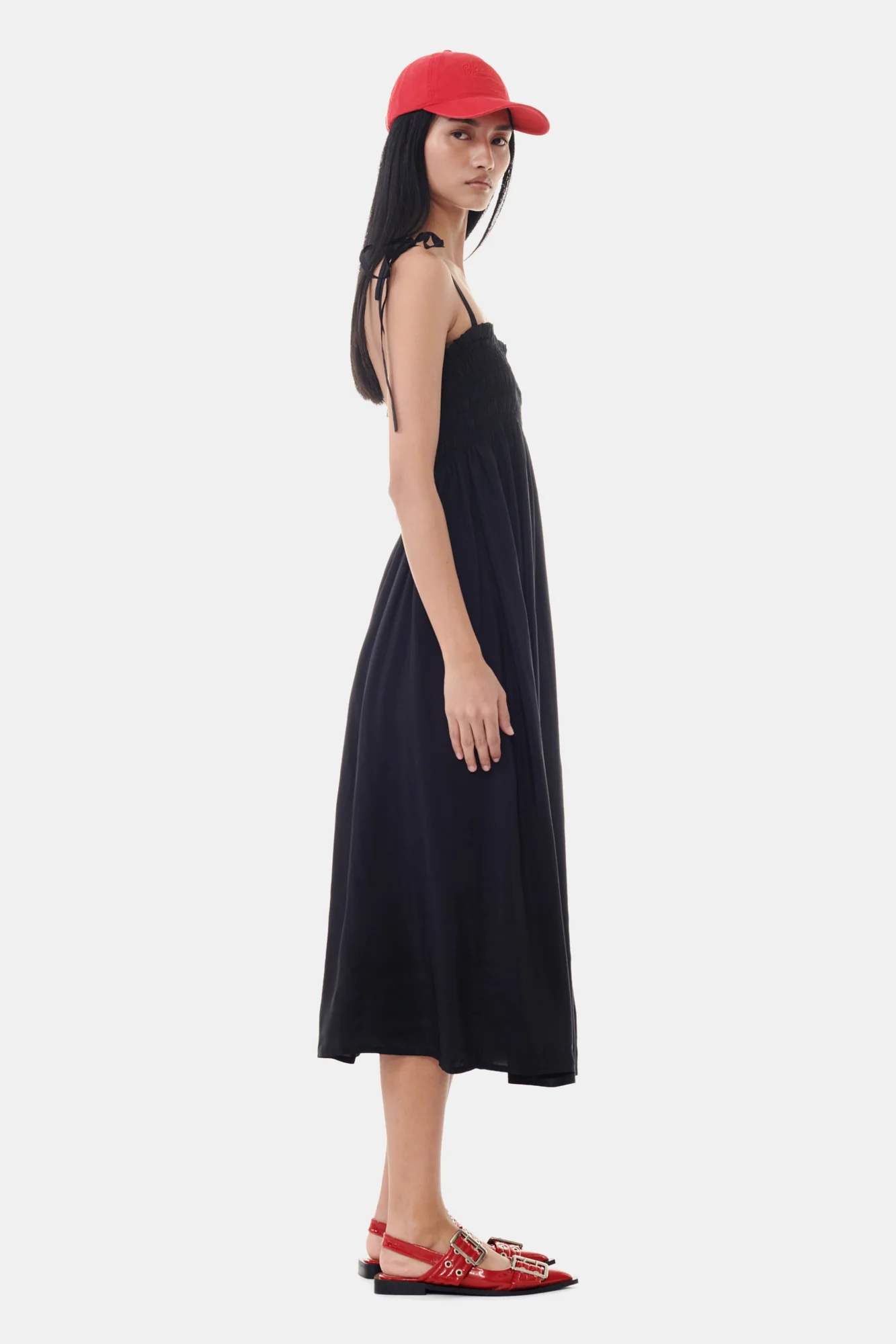 Viscose Habotai Midi Smock Strap Dress | Black - Image 5