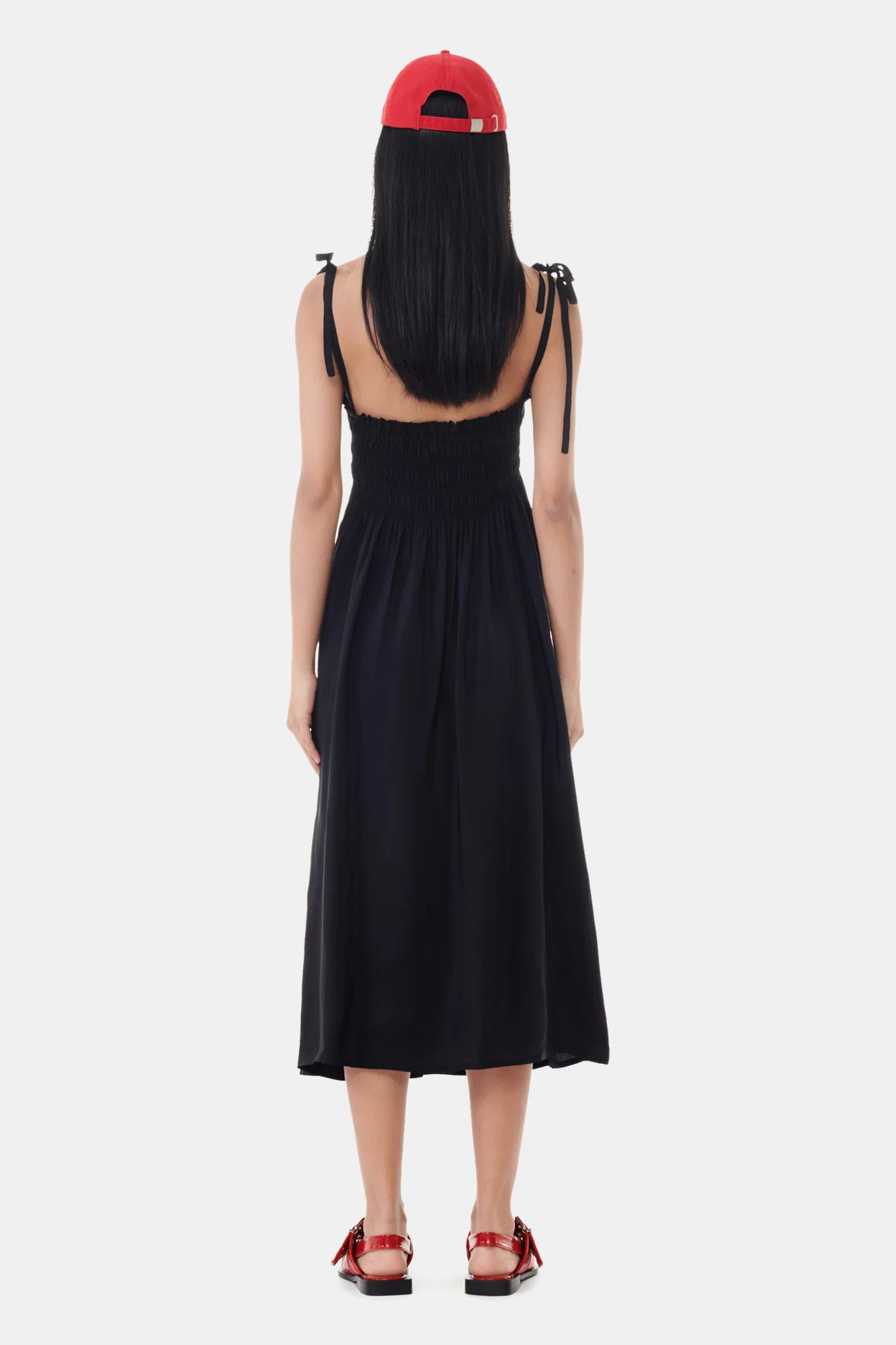 Viscose Habotai Midi Smock Strap Dress | Black - Image 6