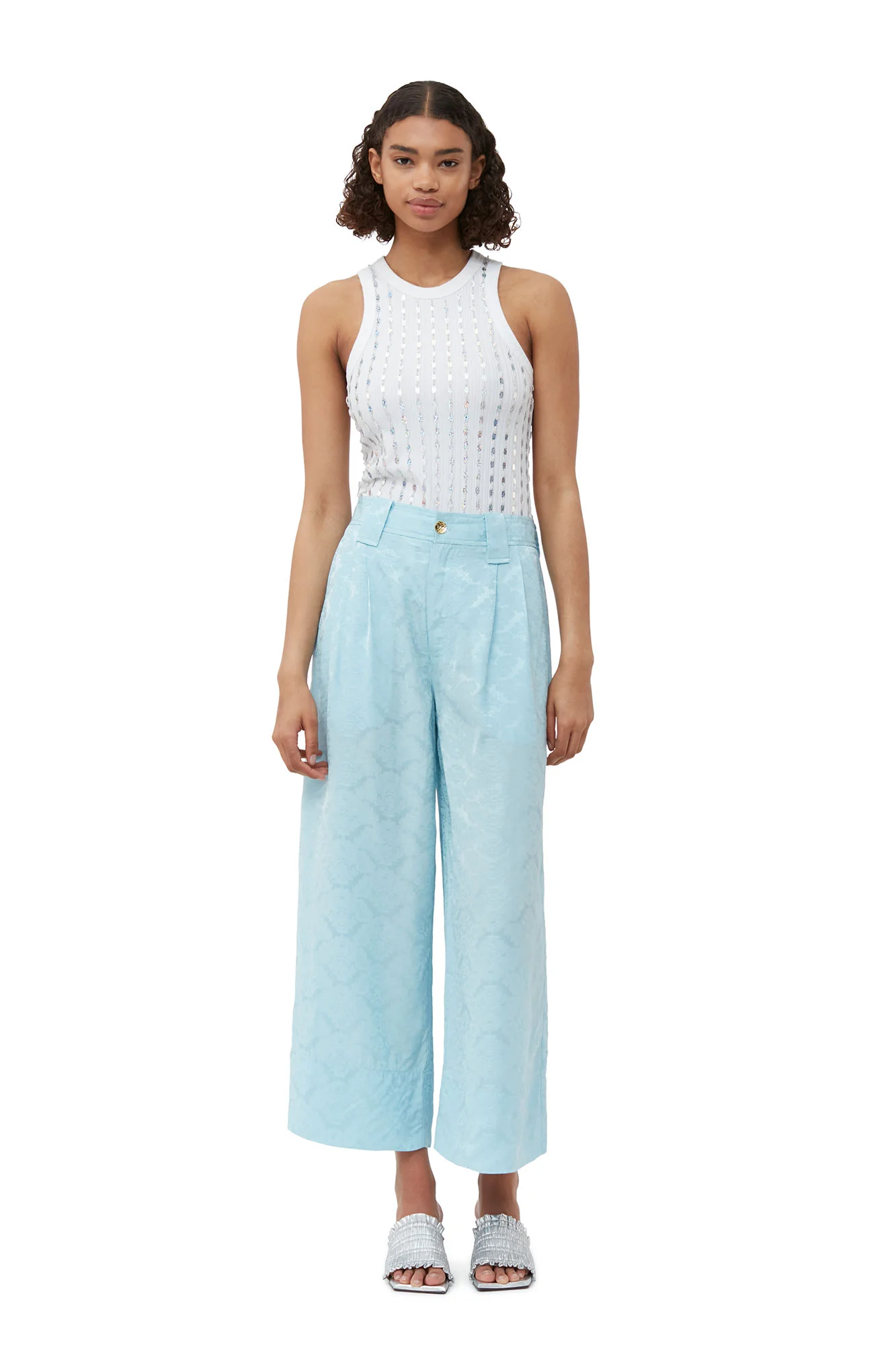 Viscose Jacquard Cropped Trousers | Corydalis Blue - Image 3