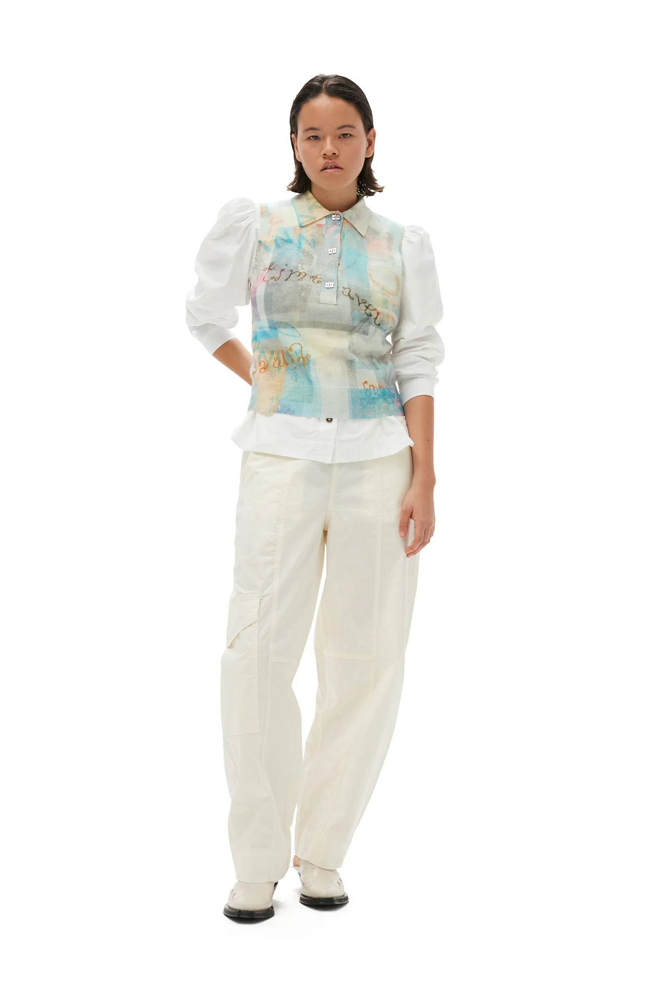 Washed Cotton Canvas Elasticated Curve Pants | Egret - Image 3