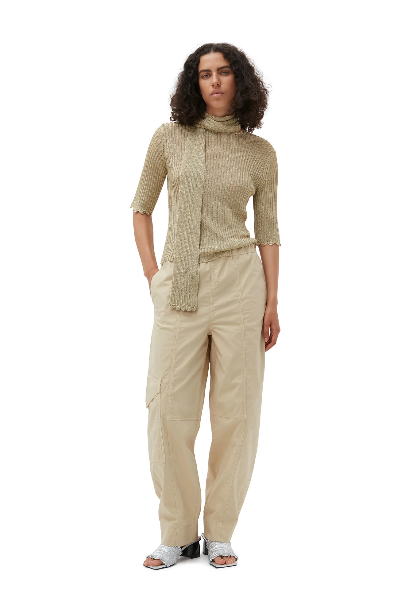 Washed Cotton Canvas Elasticated Curve Trousers | Pale Khaki - Image 2