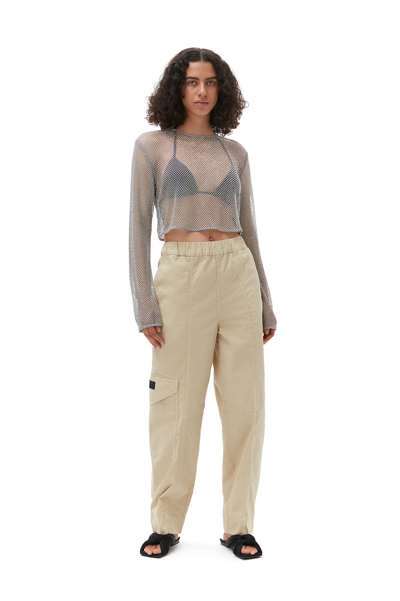 Washed Cotton Canvas Elasticated Curve Trousers | Pale Khaki - Image 4