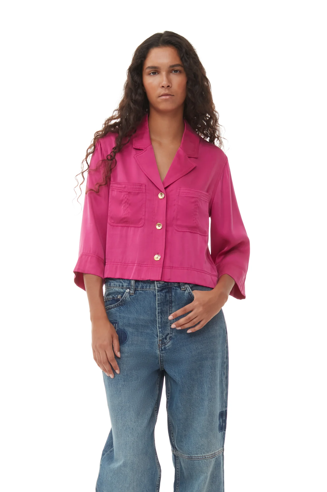 Washed Satin Crop Shirt | Fuchsia Red - Image 3