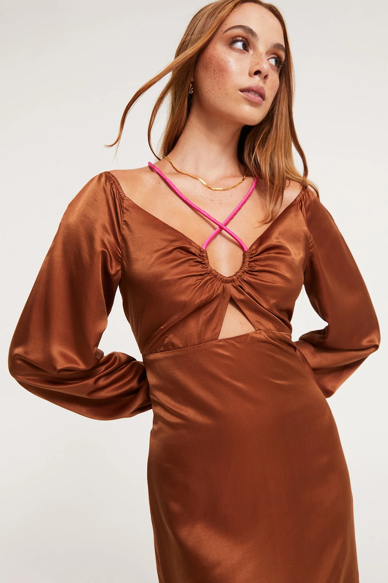 Selena Long Sleeve Dress | Chocolate/Fuchsia - Image 2