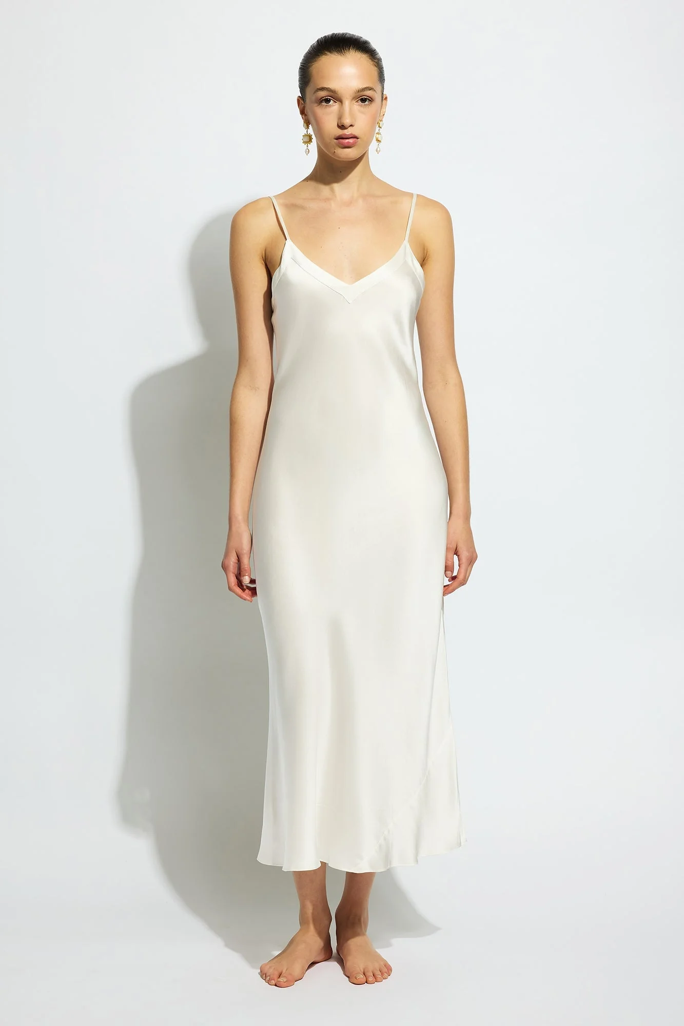 Silk Long Nite V Neck | Creme - Image 5