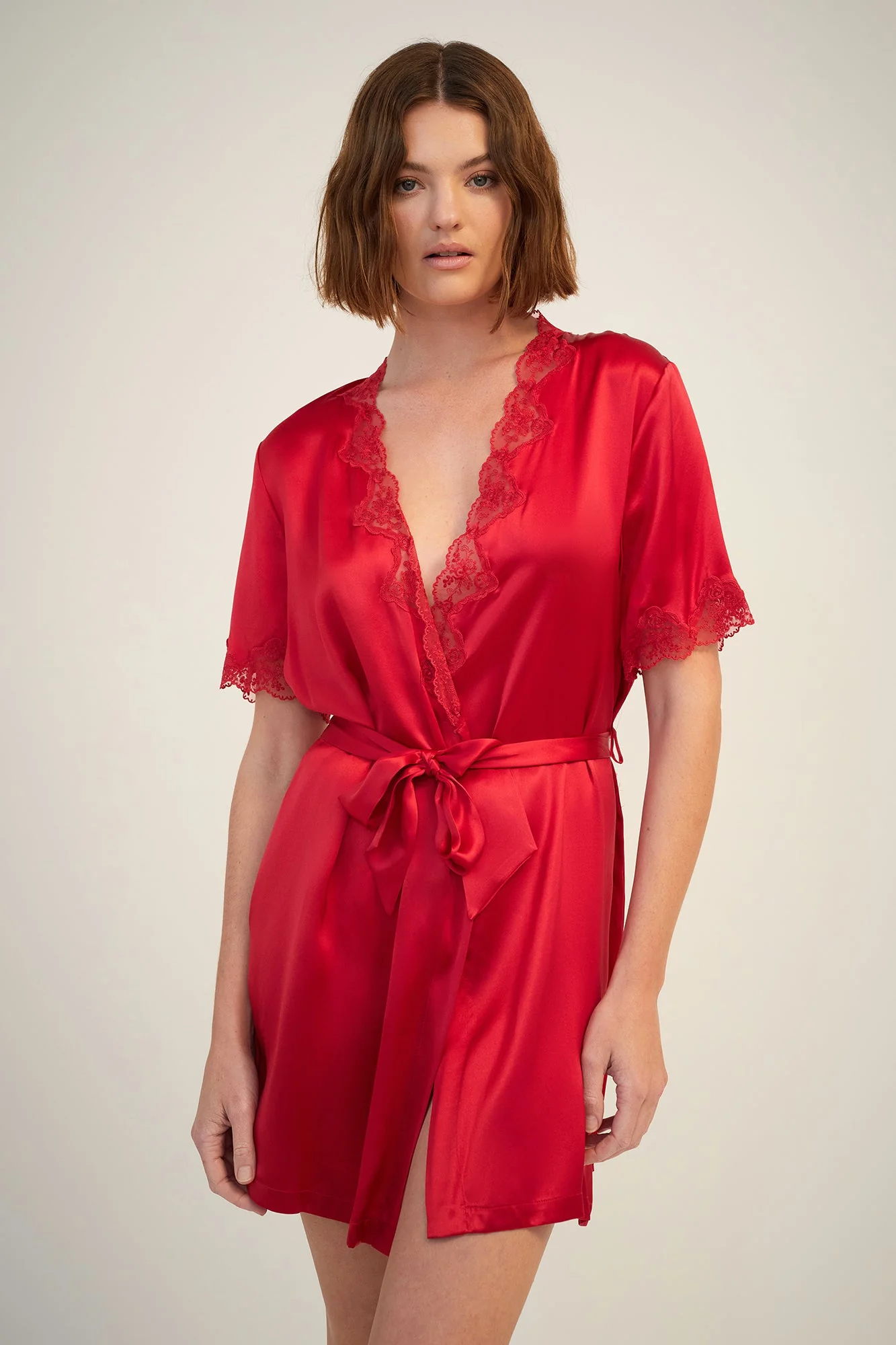 Silk Short Wrap Gown with Lace Trim | Ruby - Image 2