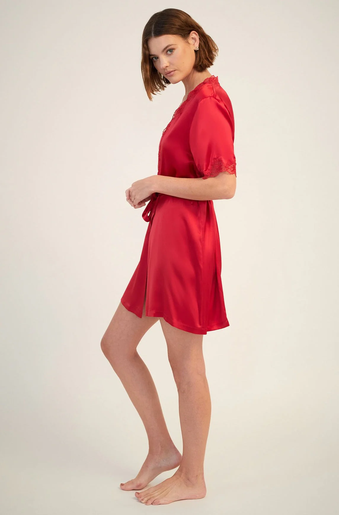 Silk Short Wrap Gown with Lace Trim | Ruby - Image 3
