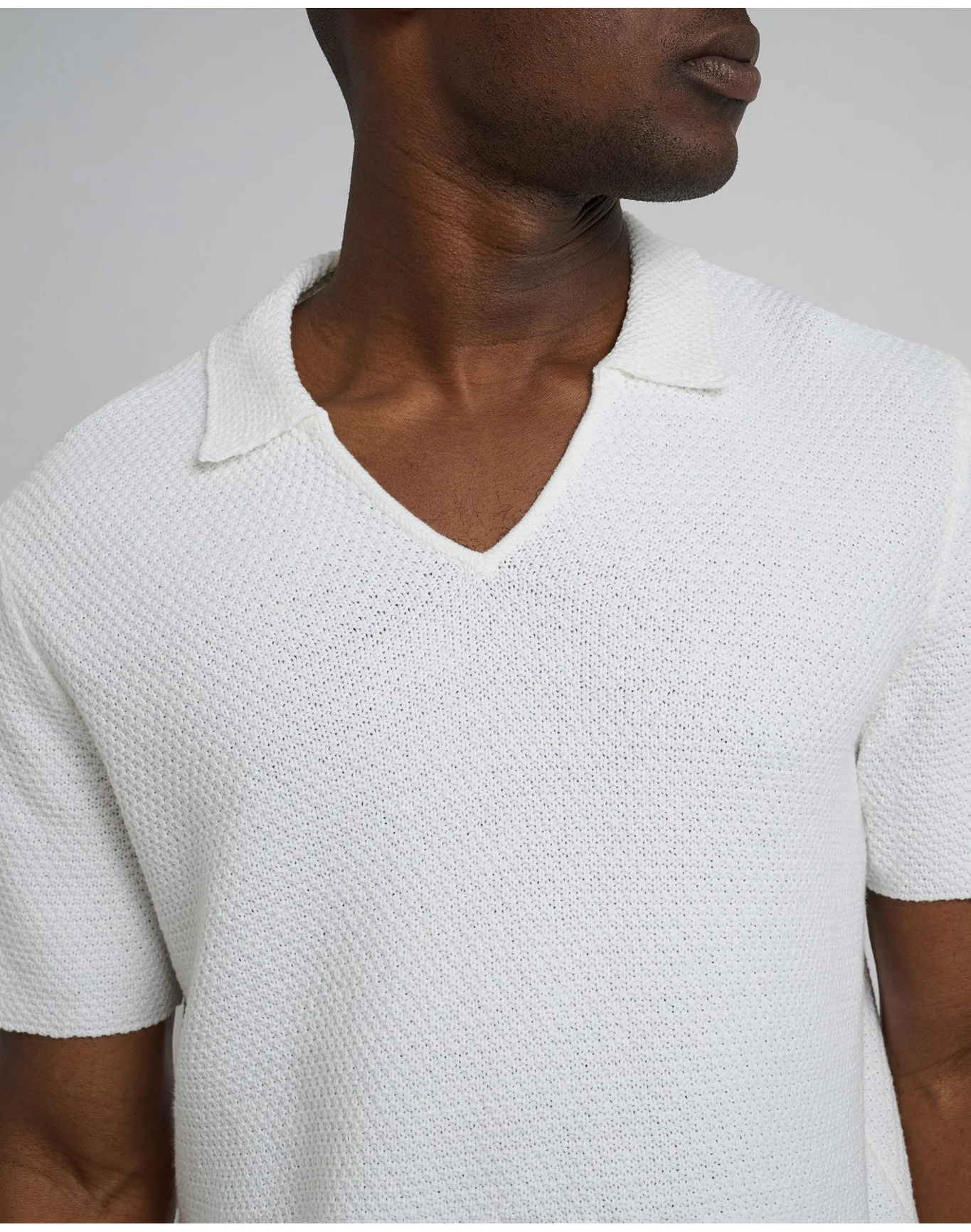 Men | Cotton Crochet Johnny Collar Polo | White - Image 2