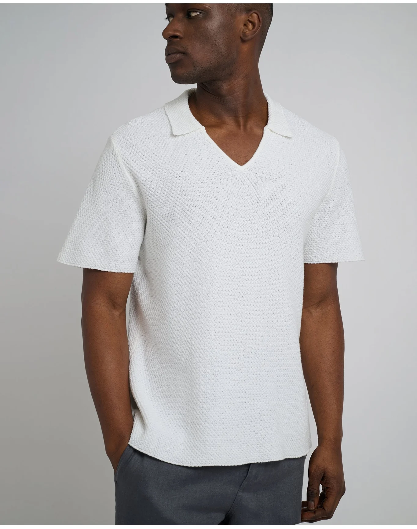Men | Cotton Crochet Johnny Collar Polo | White - Image 3