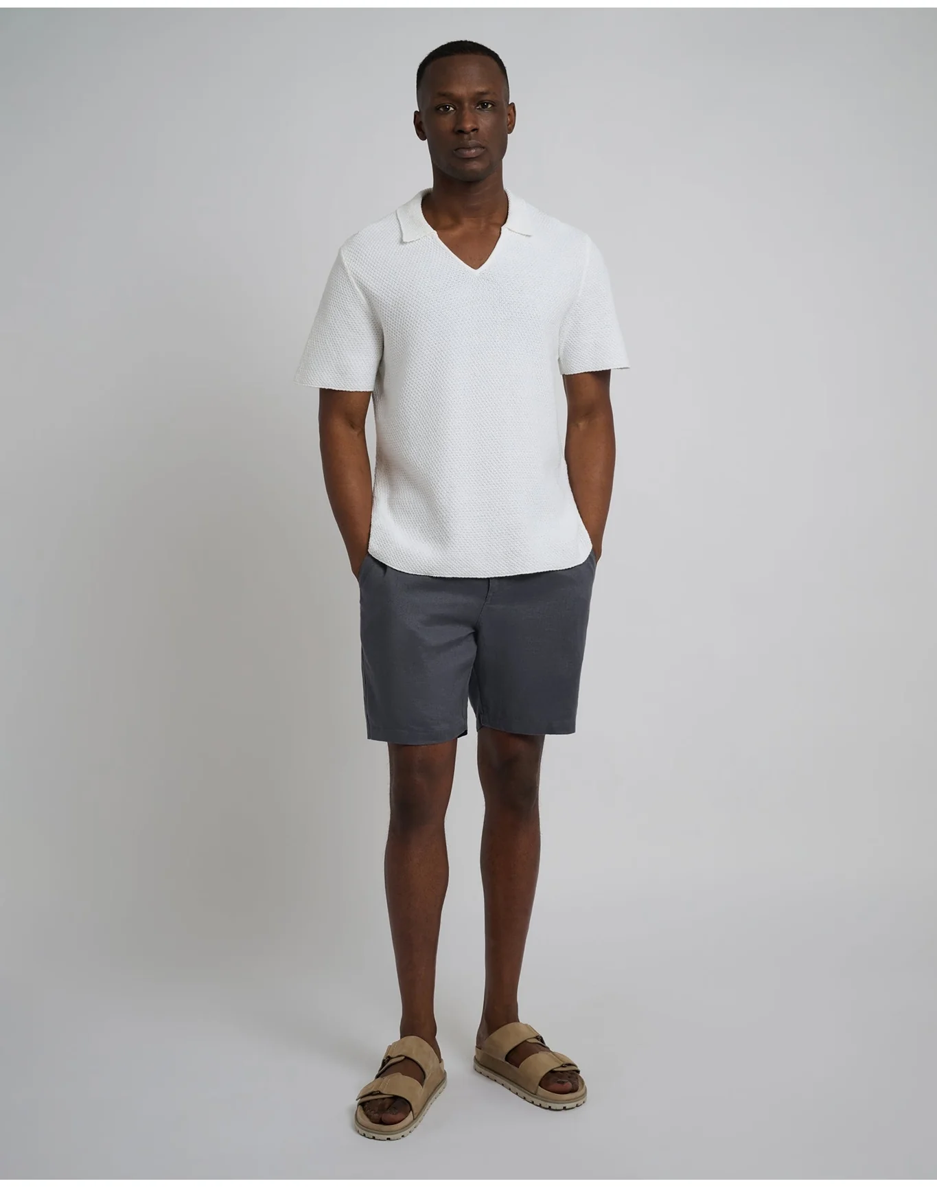 Men | Cotton Crochet Johnny Collar Polo | White - Image 4