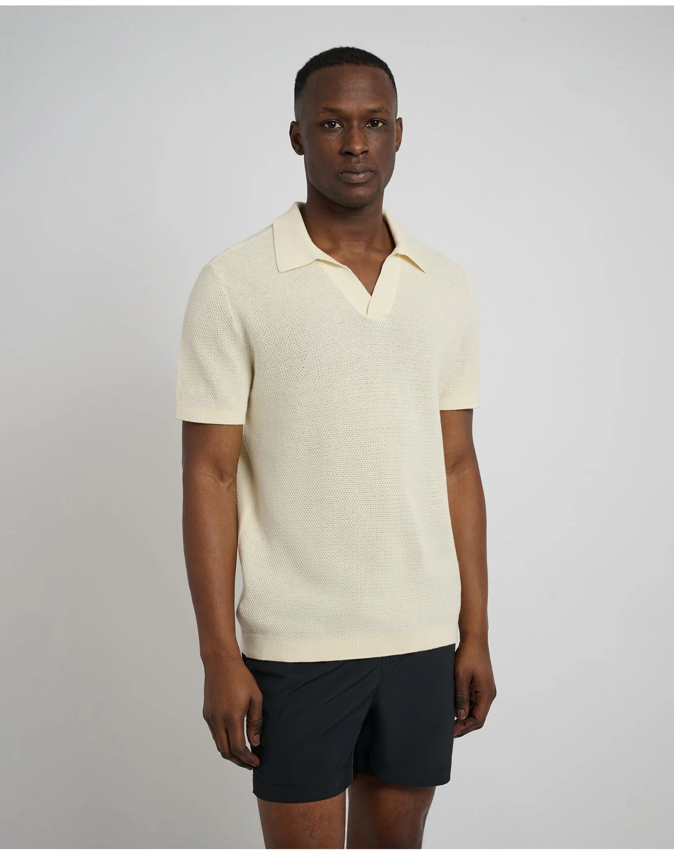 Men | Cotton Textured Johnny Collar Polo | Light Yellow - Image 2
