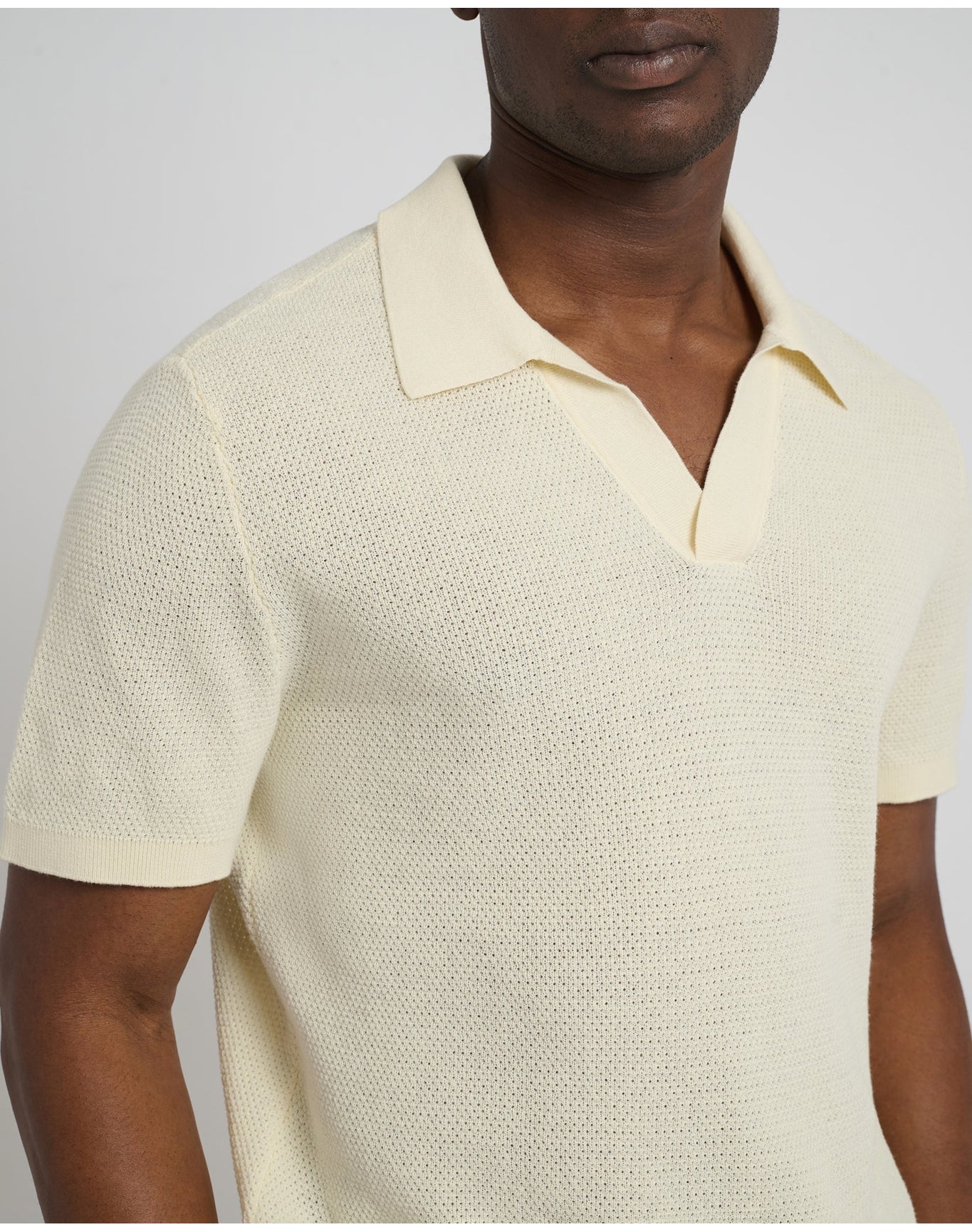 Men | Cotton Textured Johnny Collar Polo | Light Yellow - Image 3