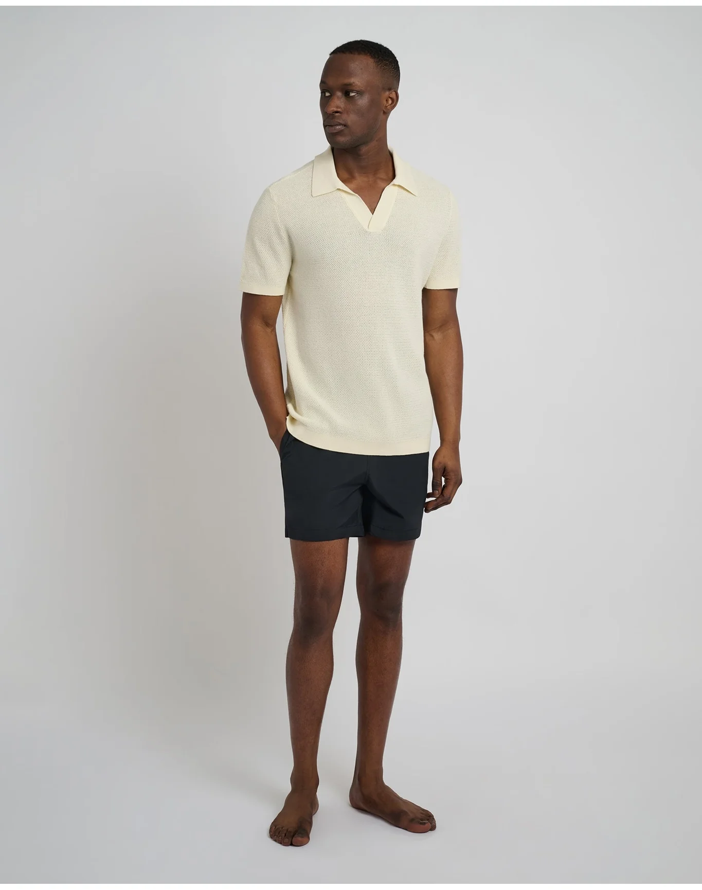 Men | Cotton Textured Johnny Collar Polo | Light Yellow - Image 4