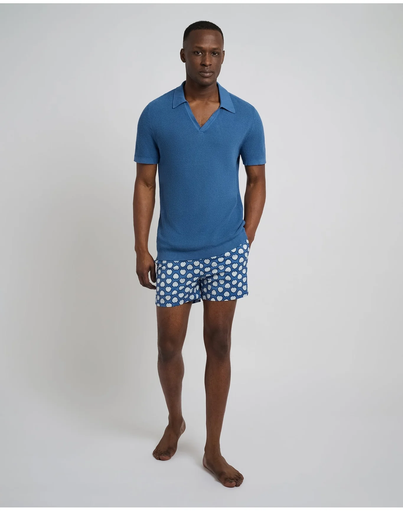 Men | Cotton Textured Johnny Collar Polo | Vintage Indigo - Image 4