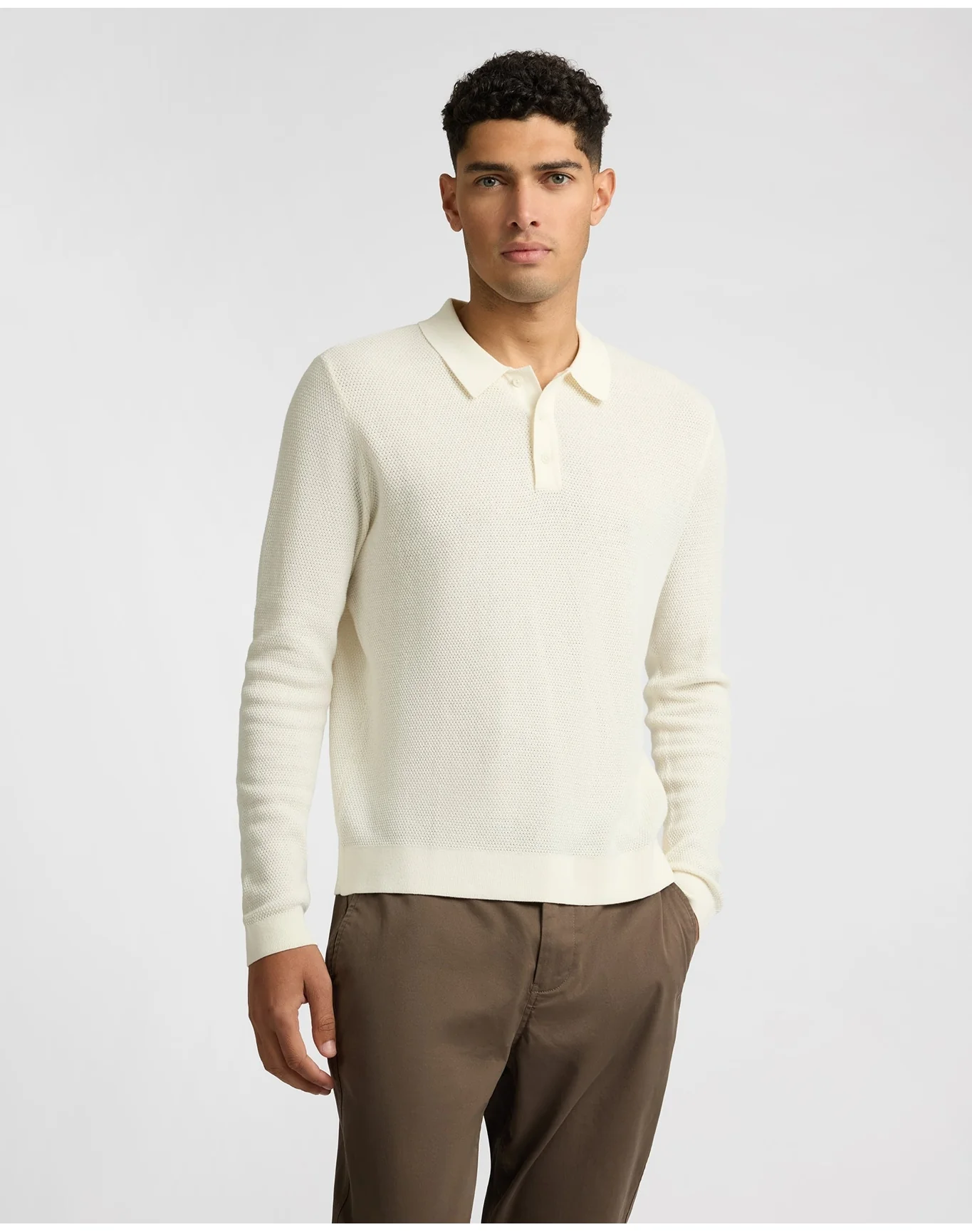 Men | Cotton Textured Knit Long Sleeve Polo Sweatshirt | Ecru - Image 2