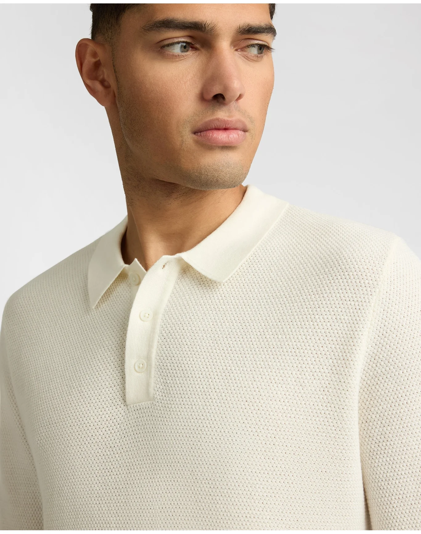 Men | Cotton Textured Knit Long Sleeve Polo Sweatshirt | Ecru - Image 3