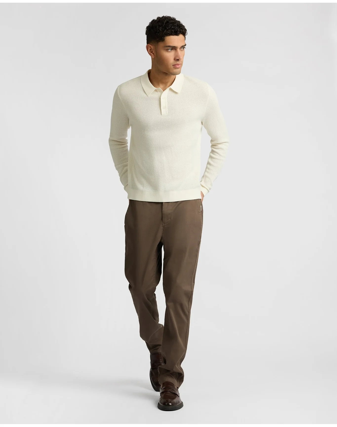 Men | Cotton Textured Knit Long Sleeve Polo Sweatshirt | Ecru - Image 4