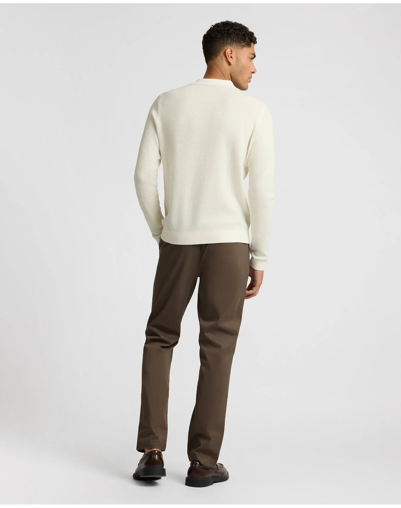 Men | Cotton Textured Knit Long Sleeve Polo Sweatshirt | Ecru - Image 5