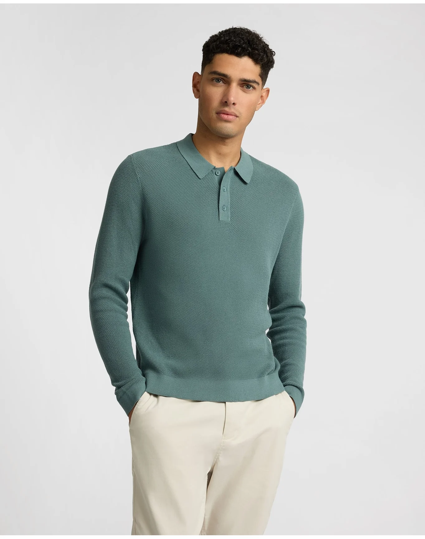Men | Cotton Textured Knit Long Sleeve Polo Sweatshirt | Fern - Image 2