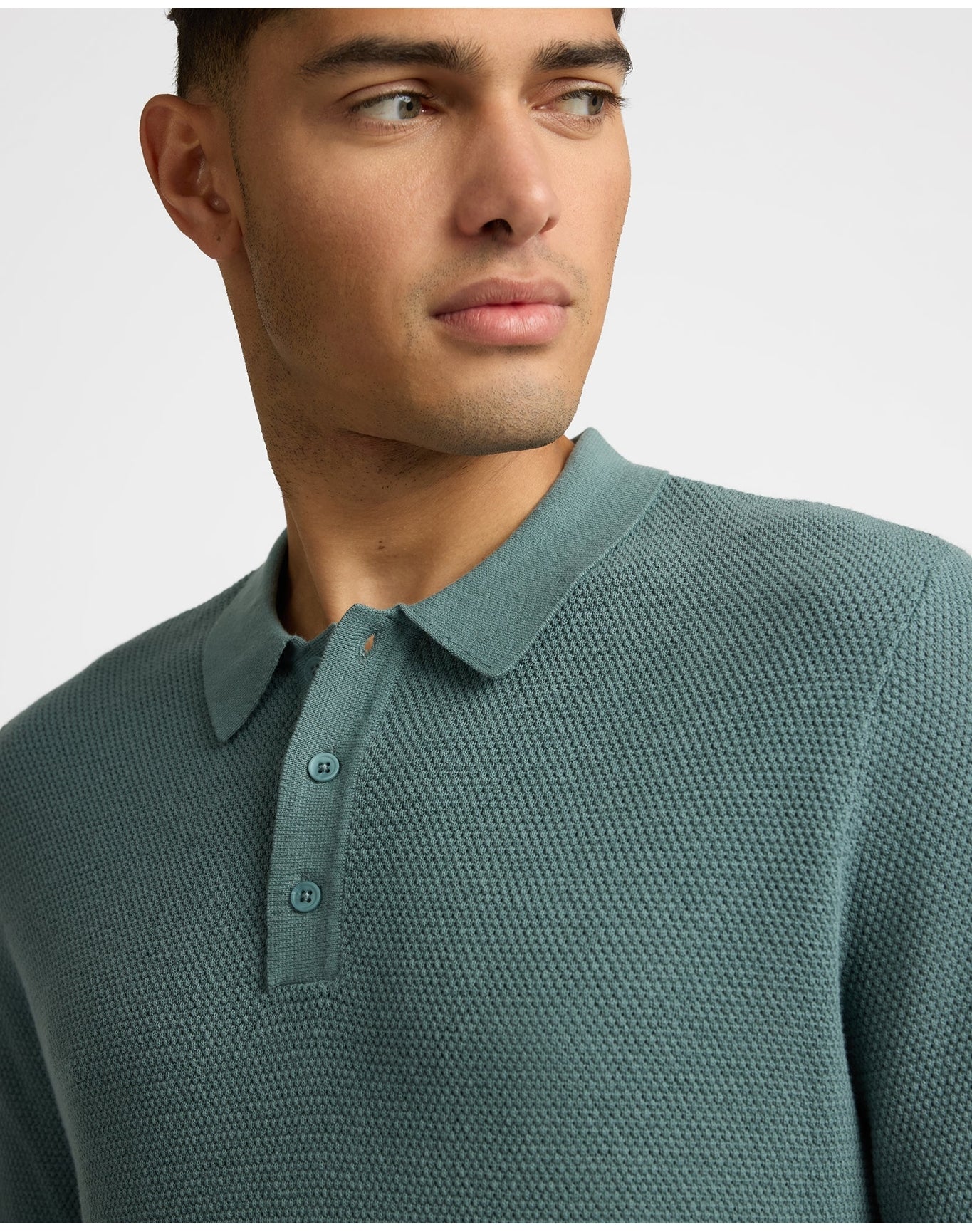 Men | Cotton Textured Knit Long Sleeve Polo Sweatshirt | Fern - Image 3
